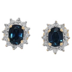 Chic 0.60ct Sapphire & Natural Diamond 18K Two-Toned Gold Cluster Stud Earrings