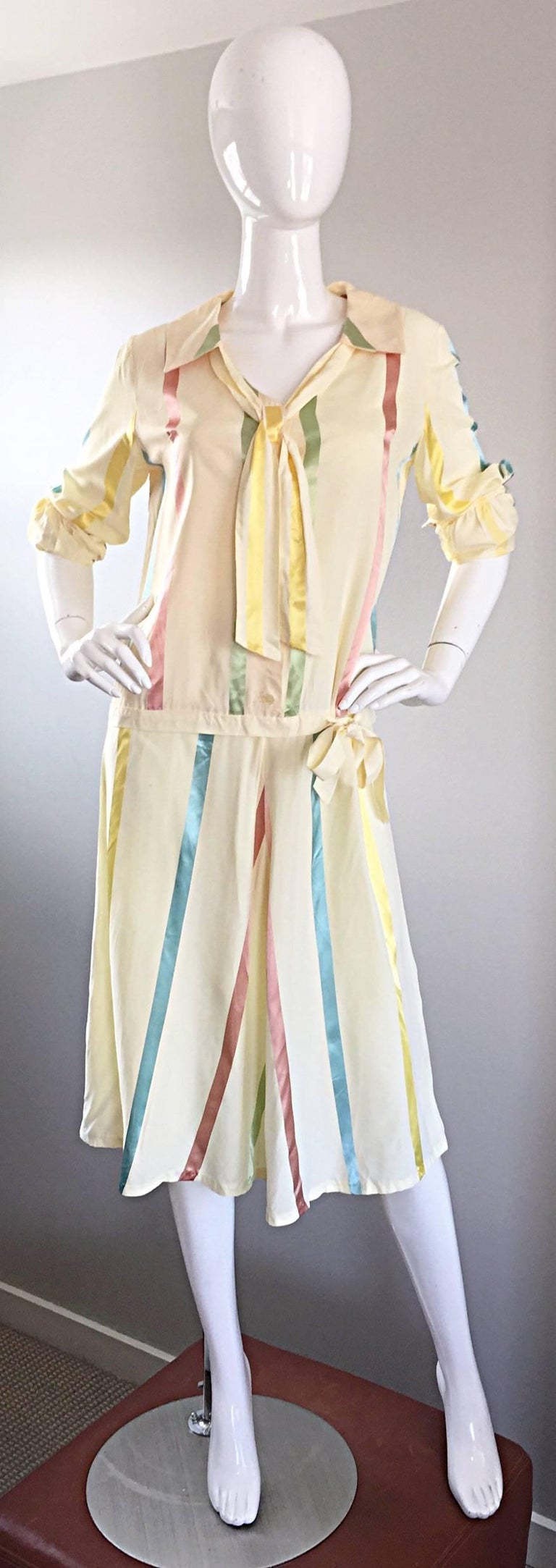 Chic 1920s Ivory Candy Stripe Silk Drop Waist Vintage 20s Day