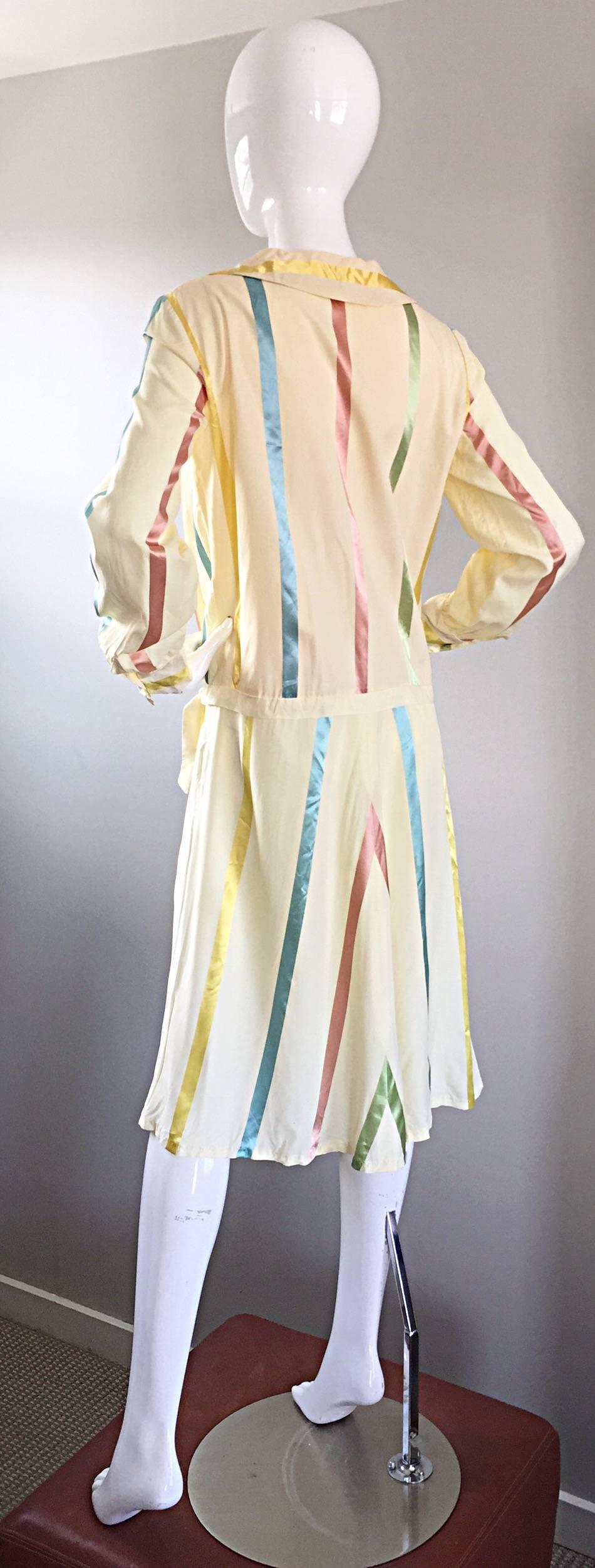 Women's Chic 1920s Ivory ' Candy Stripe ' Silk Drop Waist Vintage 20s Day Dress For Sale