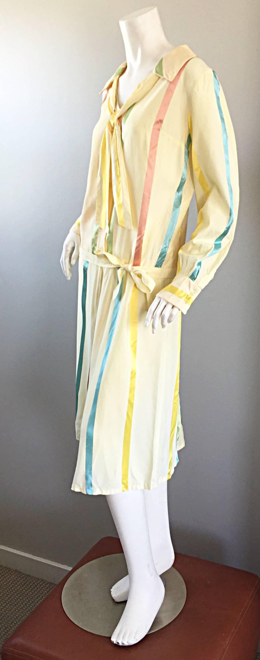 Chic 1920s Ivory ' Candy Stripe ' Silk Drop Waist Vintage 20s Day Dress For Sale 1