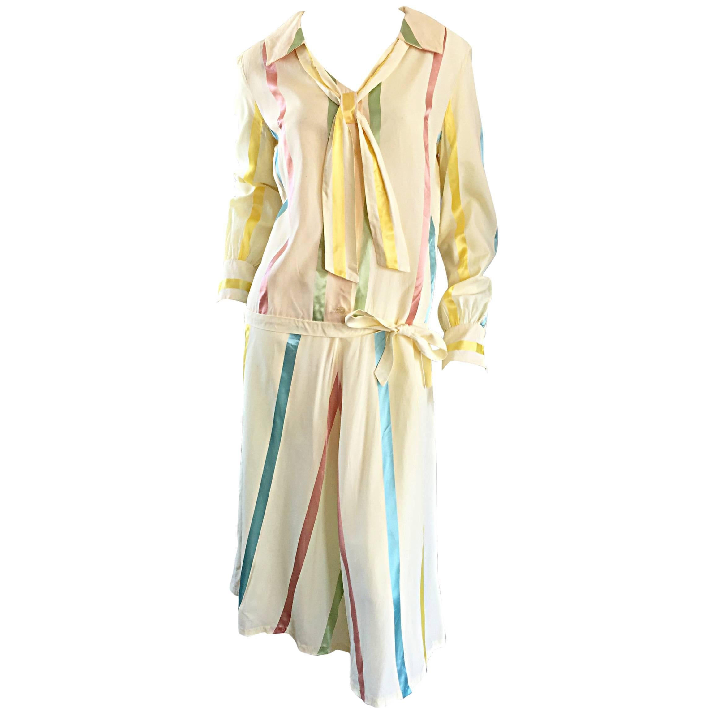 Chic 1920s Ivory ' Candy Stripe ' Silk Drop Waist Vintage 20s Day Dress For Sale
