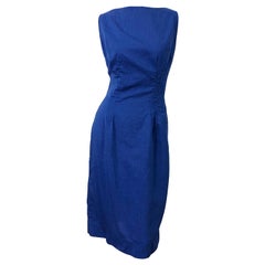 Chic 1950s Cobalt Blue Cotton High Neck Vintage 50s Sleeveless Wiggle Dress