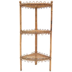 Chic 1950s French Sculpted Rattan Corner Shelf, Style of Jean Royere