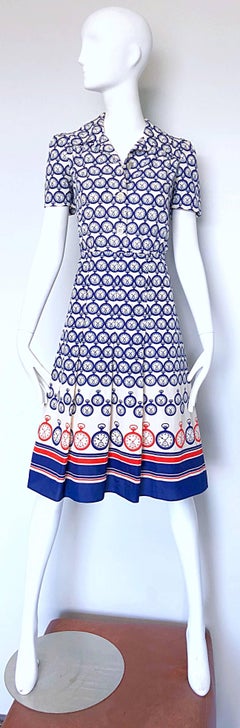 Chic 1950s Pocket Watch Novelty Print Red White and Blue Silk 50s Shirt Dress