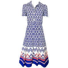 Chic 1950s Taschenuhr Neuheit Druck Rot Weiß und Blau Seide 50s Shirt Kleid