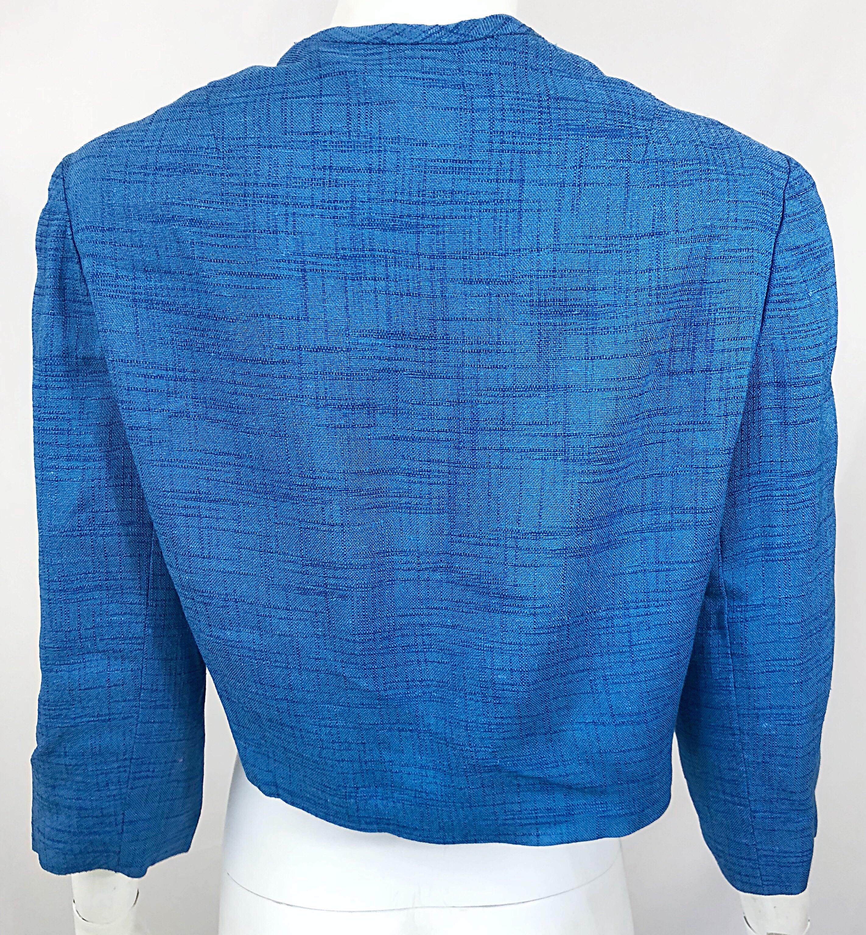 Chic 1950s Robins Egg Blue Silk Vintage 50s Cropped Jacket  For Sale 3