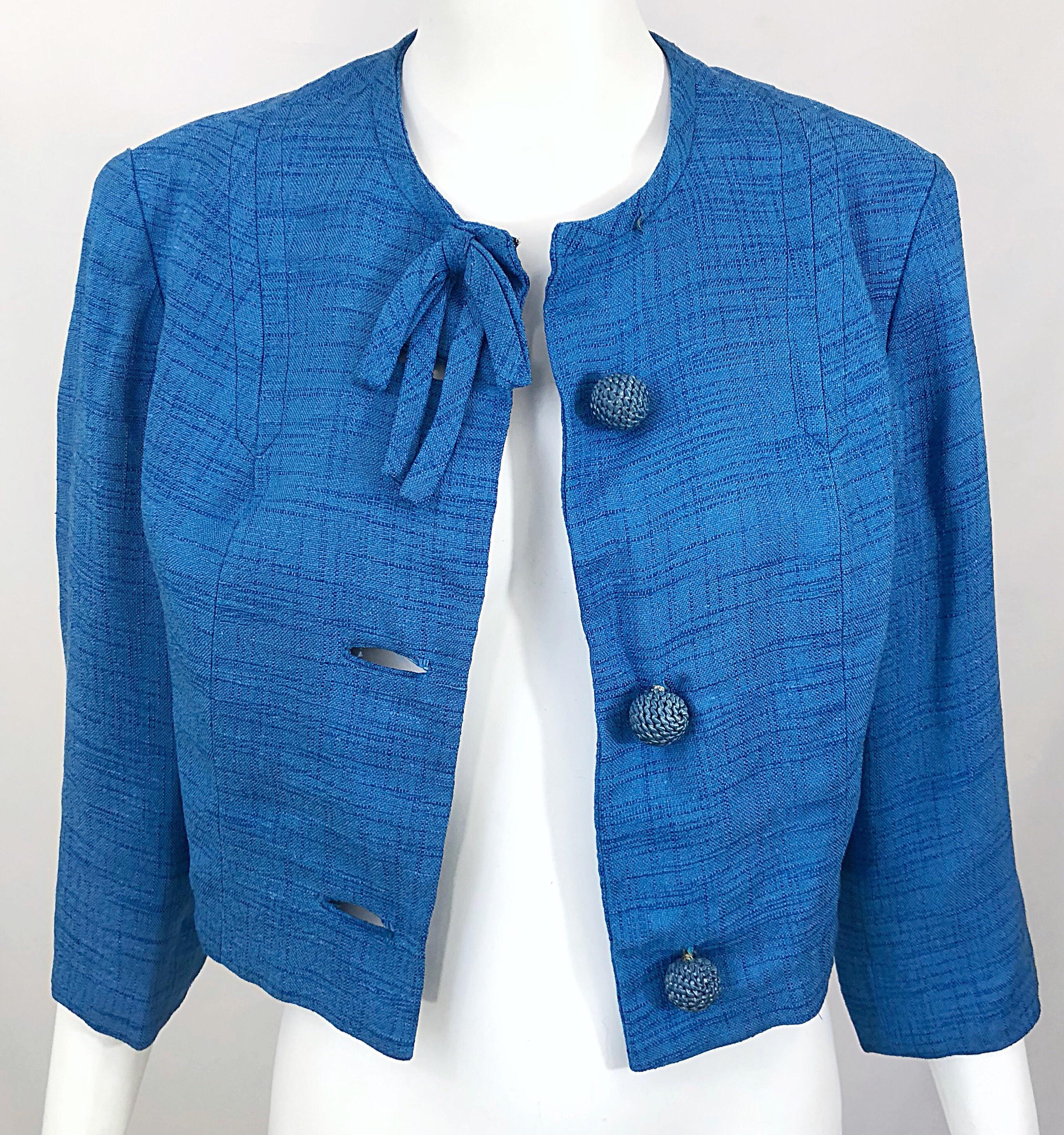 Women's Chic 1950s Robins Egg Blue Silk Vintage 50s Cropped Jacket  For Sale