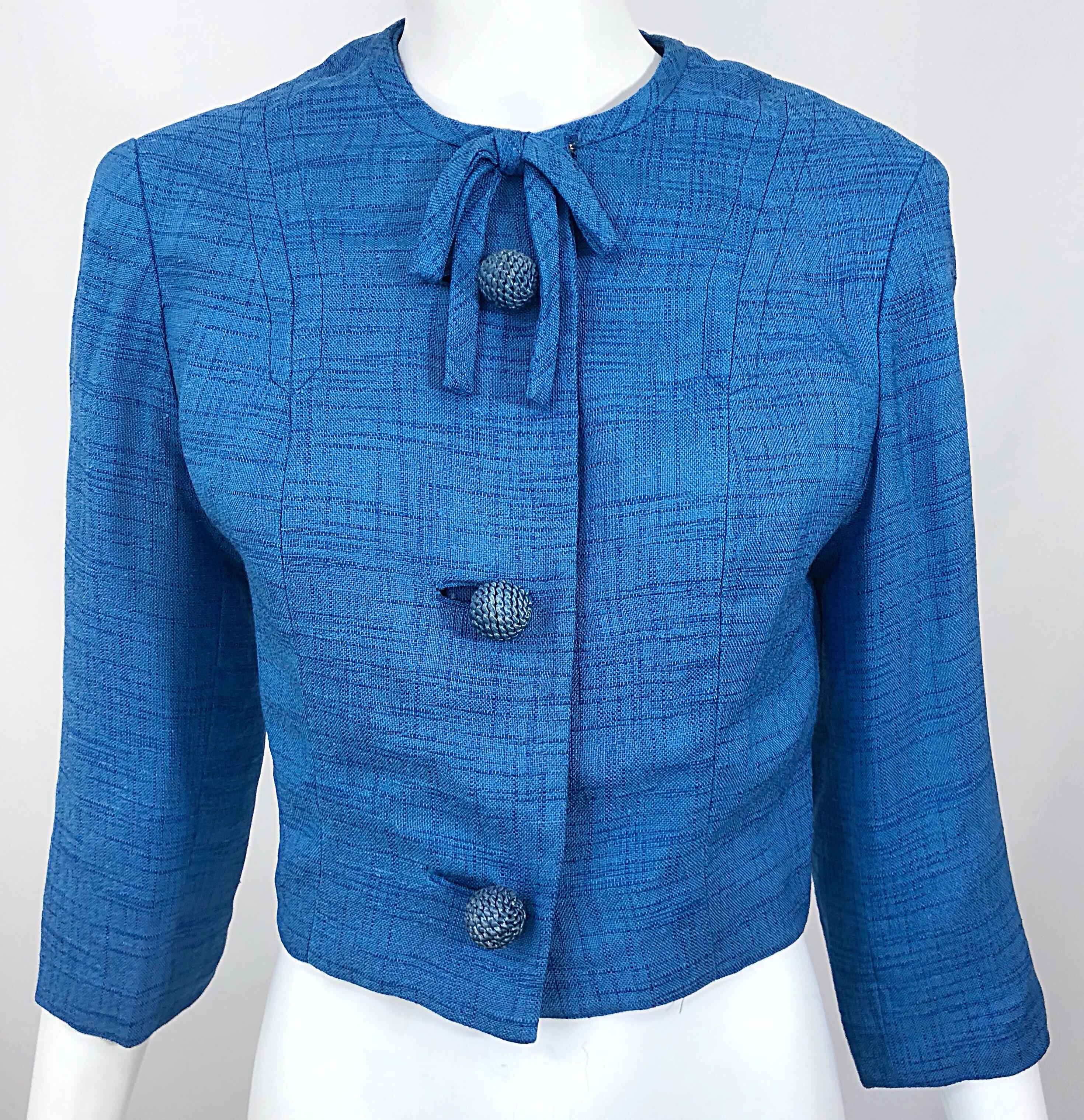 Chic 1950s Robins Egg Blue Silk Vintage 50s Cropped Jacket  For Sale 2
