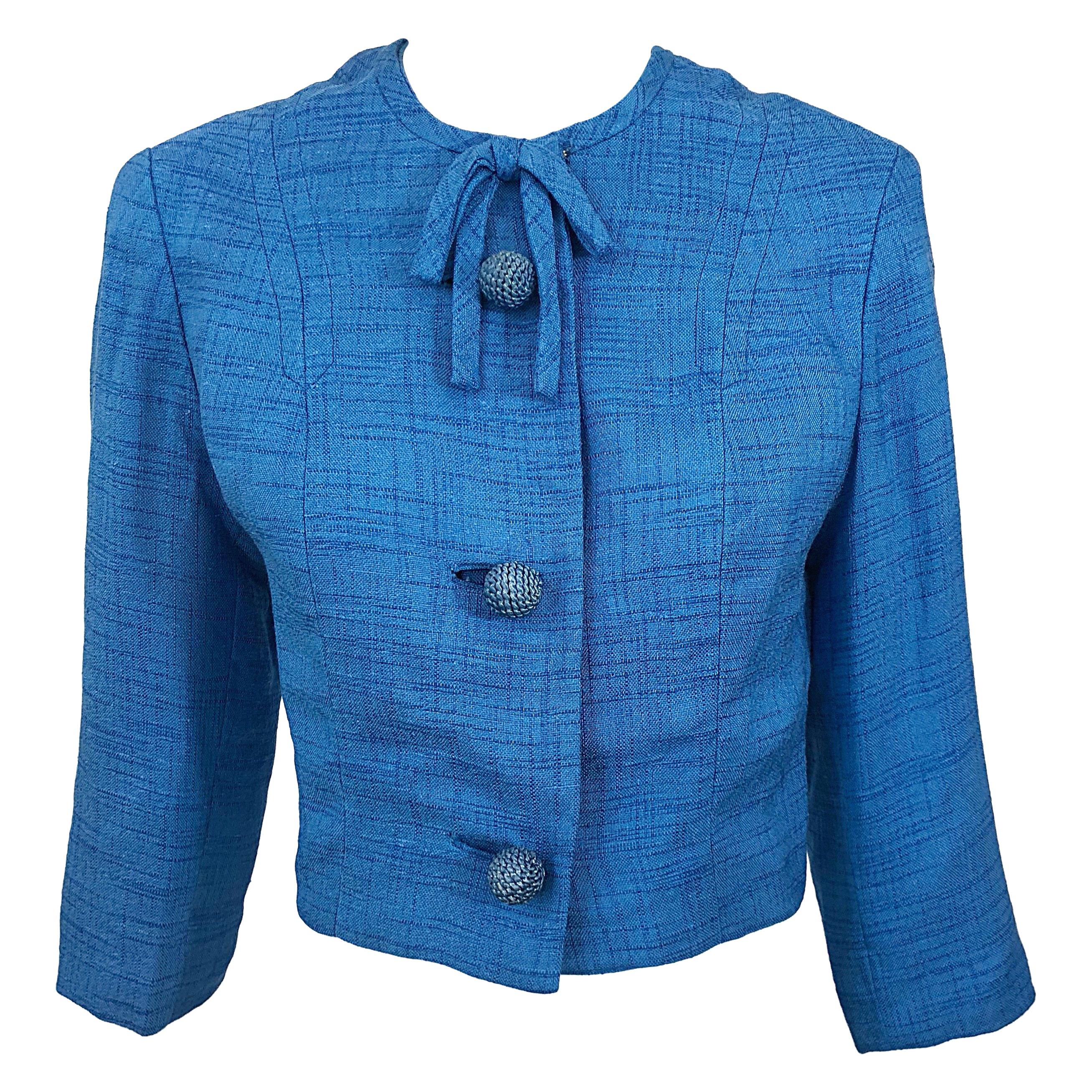 Chic 1950s Robins Egg Blue Silk Vintage 50s Cropped Jacket  For Sale