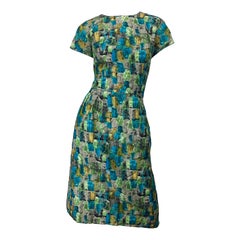 Chic 1950s Silk Mosaic Print Blue + Green Vintage 50s Short Sleeve Dress