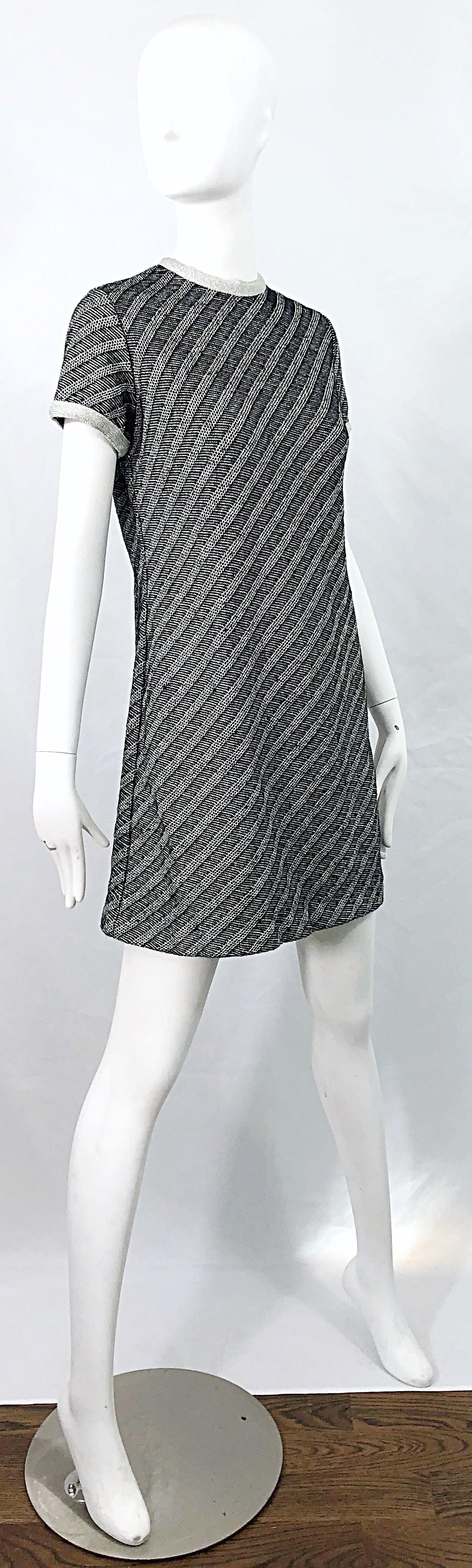 Chic 1960s Black and Silver Metallic Knit Vintage Striped 60s Shift Dress For Sale 5