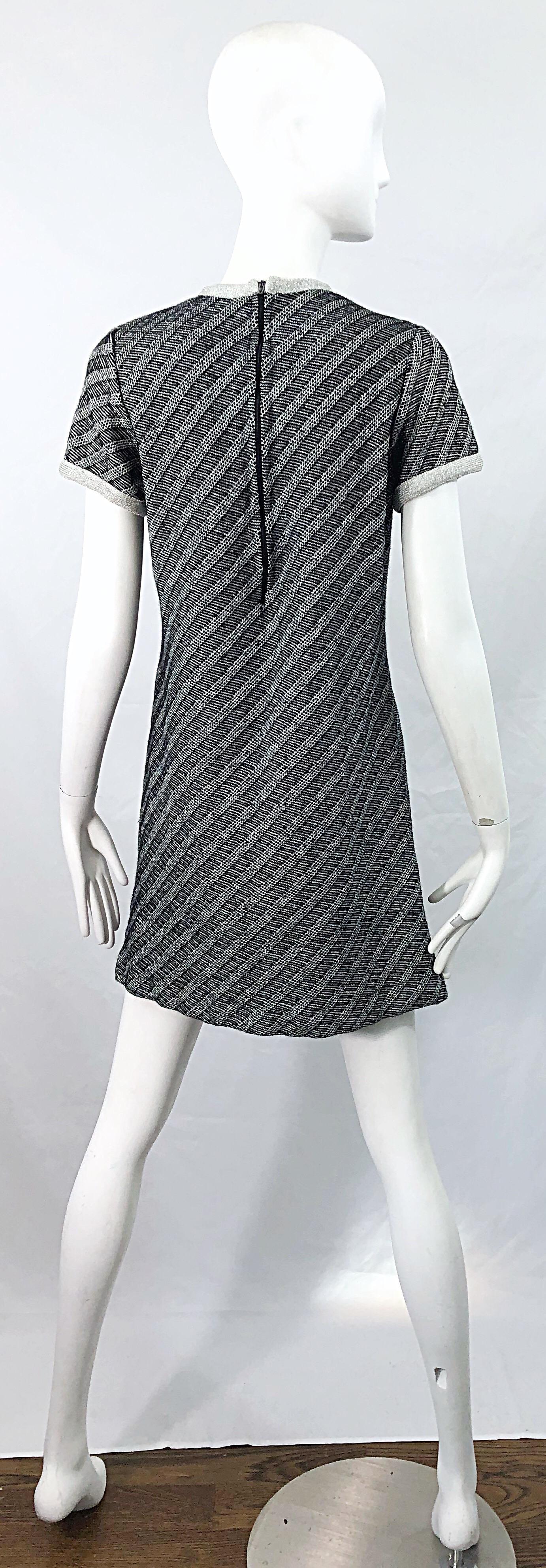 Chic 1960s Black and Silver Metallic Knit Vintage Striped 60s Shift Dress For Sale 6