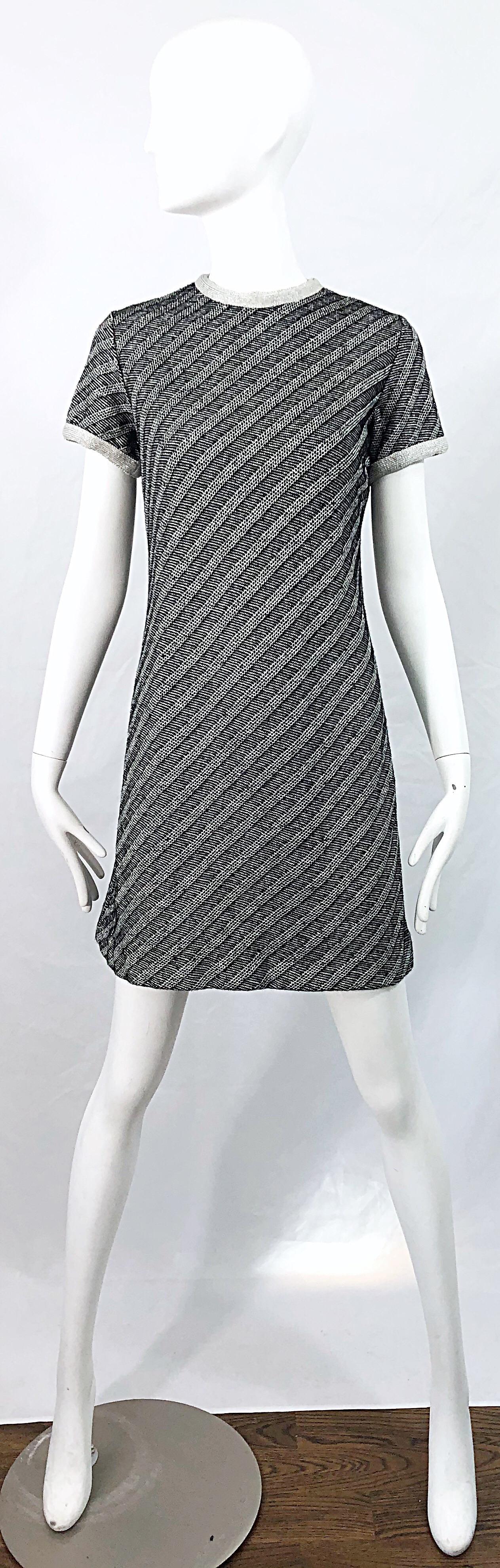 Chic 1960s Black and Silver Metallic Knit Vintage Striped 60s Shift Dress For Sale 7