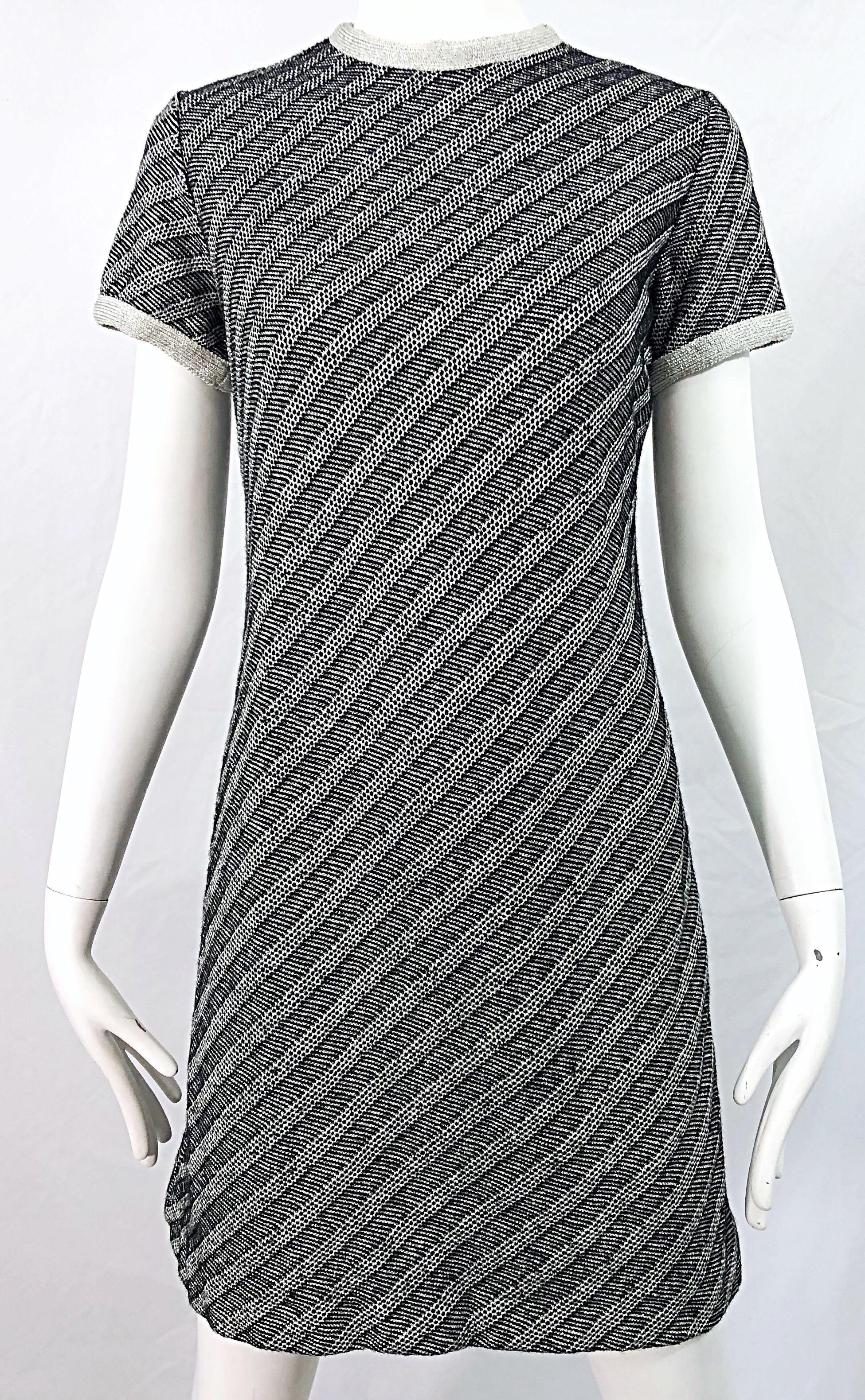 Women's Chic 1960s Black and Silver Metallic Knit Vintage Striped 60s Shift Dress For Sale