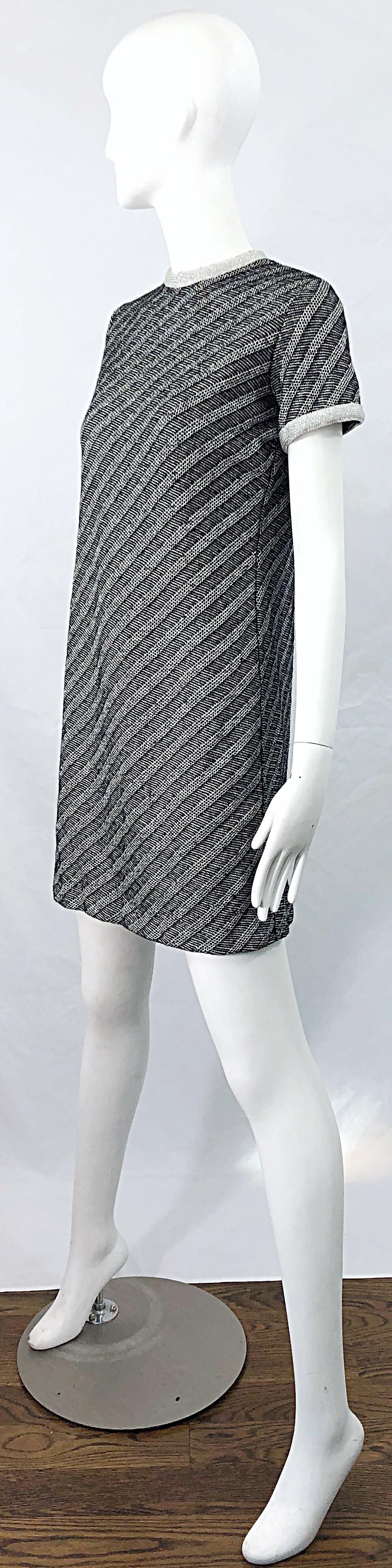 Chic 1960s Black and Silver Metallic Knit Vintage Striped 60s Shift Dress For Sale 2
