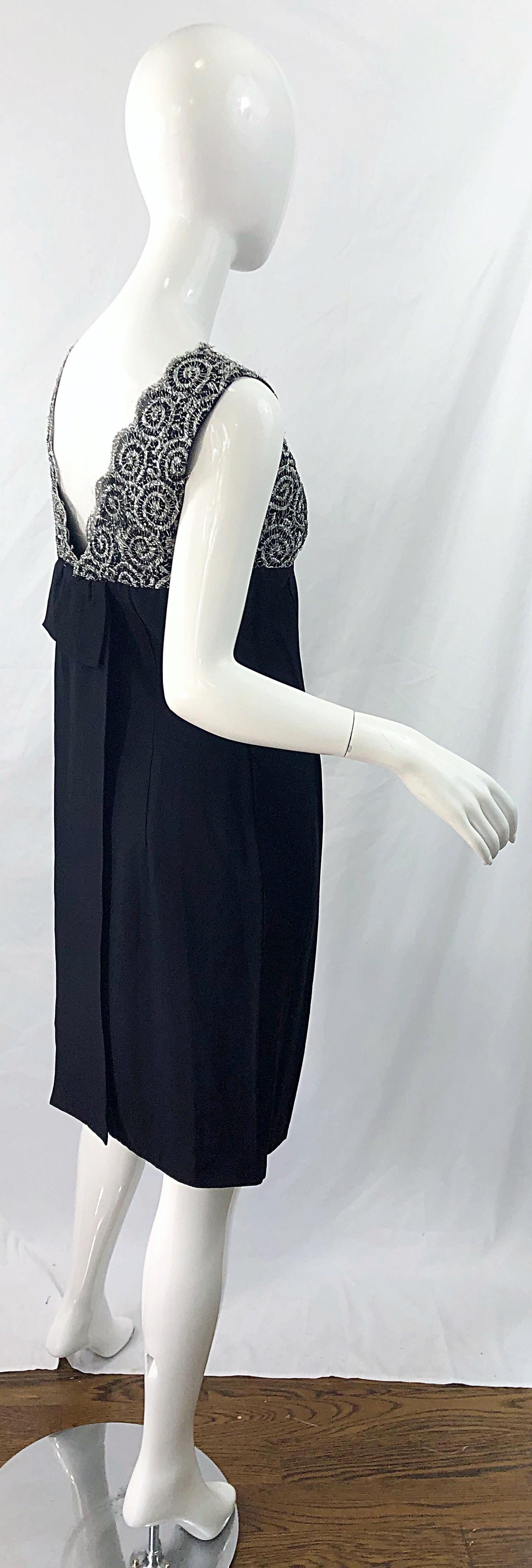 Chic 1960s Black and Silver Metallic Lace Rayon Crepe Vintage 60s Sheath Dress For Sale 6