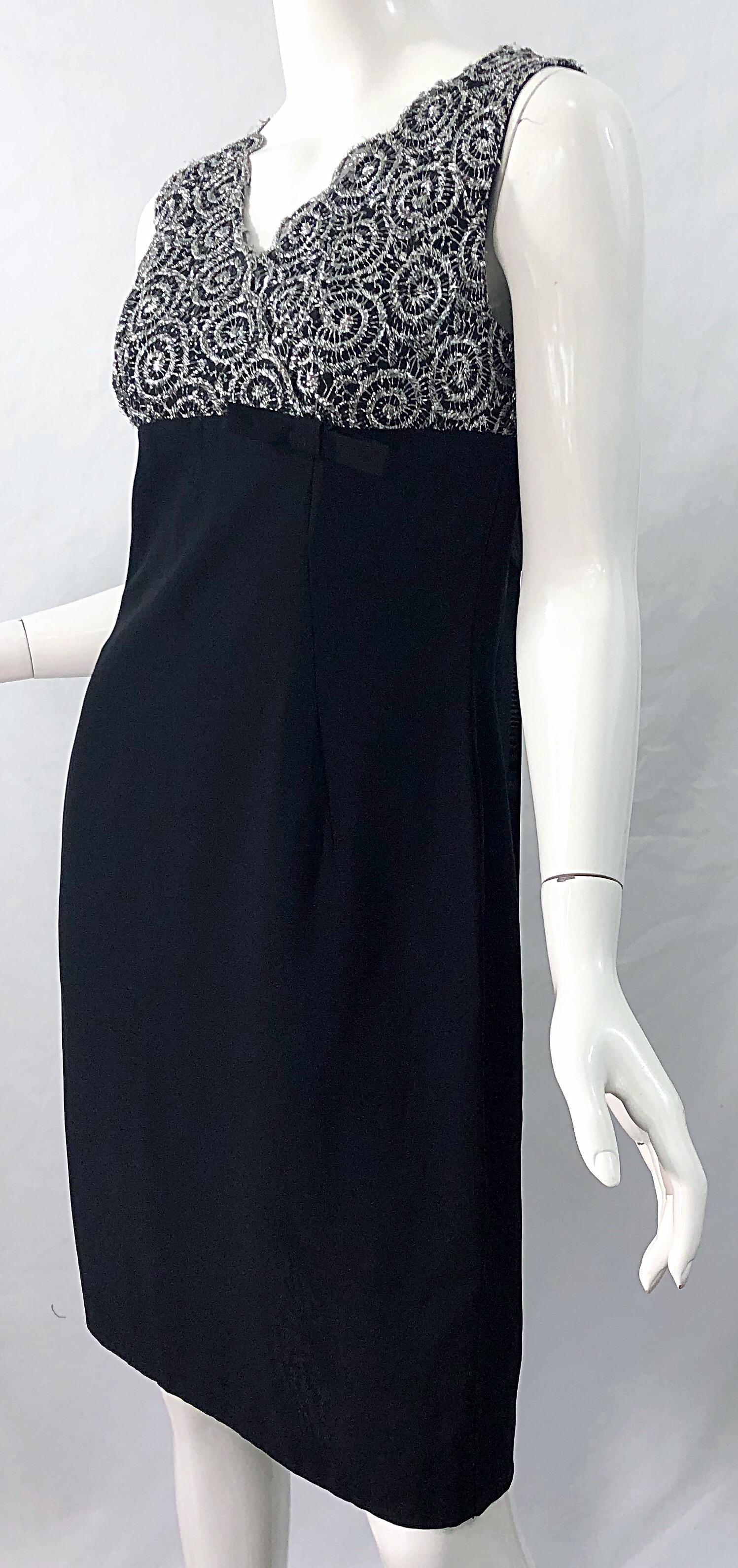 Chic 1960s Black and Silver Metallic Lace Rayon Crepe Vintage 60s Sheath Dress For Sale 7