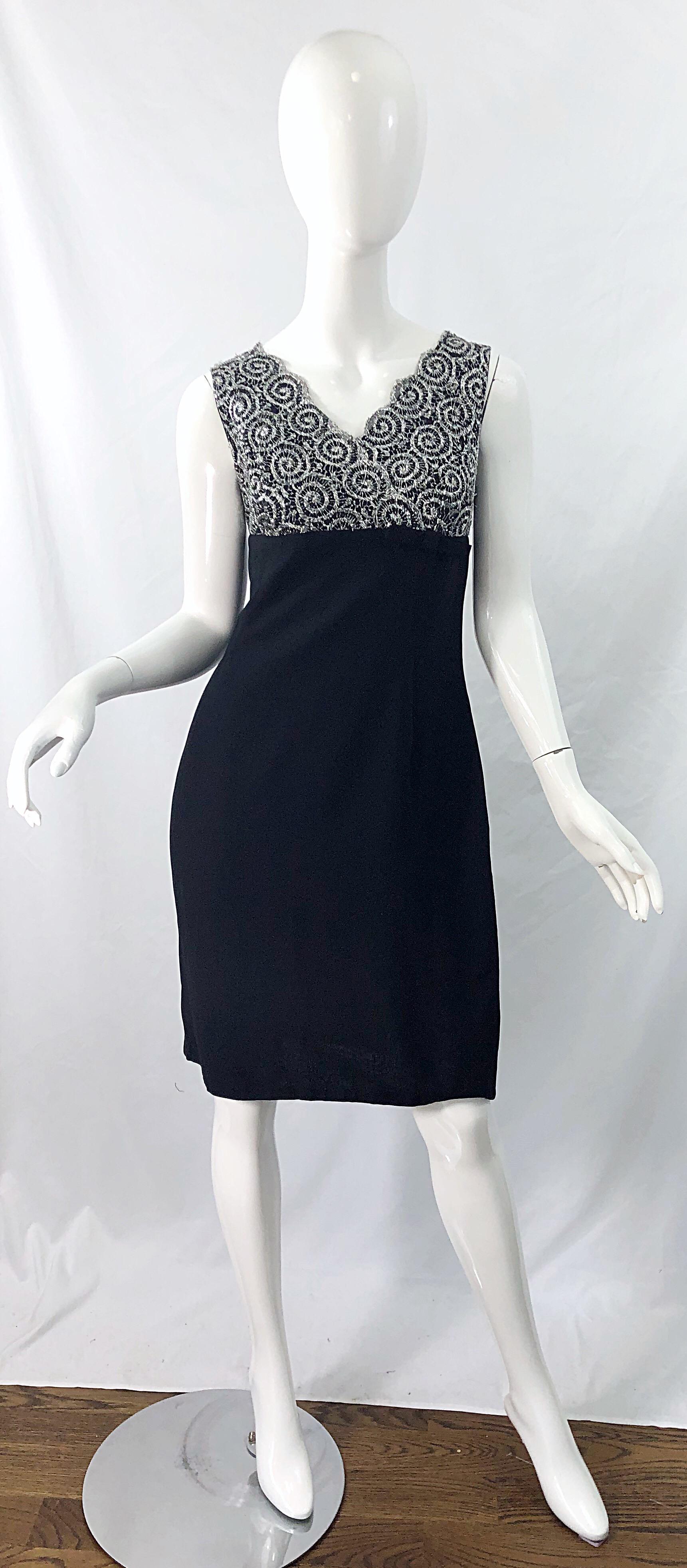 Chic 1960s Black and Silver Metallic Lace Rayon Crepe Vintage 60s Sheath Dress For Sale 9
