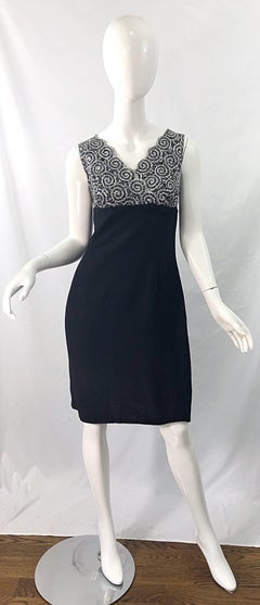 Chic 1960s Black and Silver Metallic Lace Rayon Crepe Vintage 60s Sheath Dress