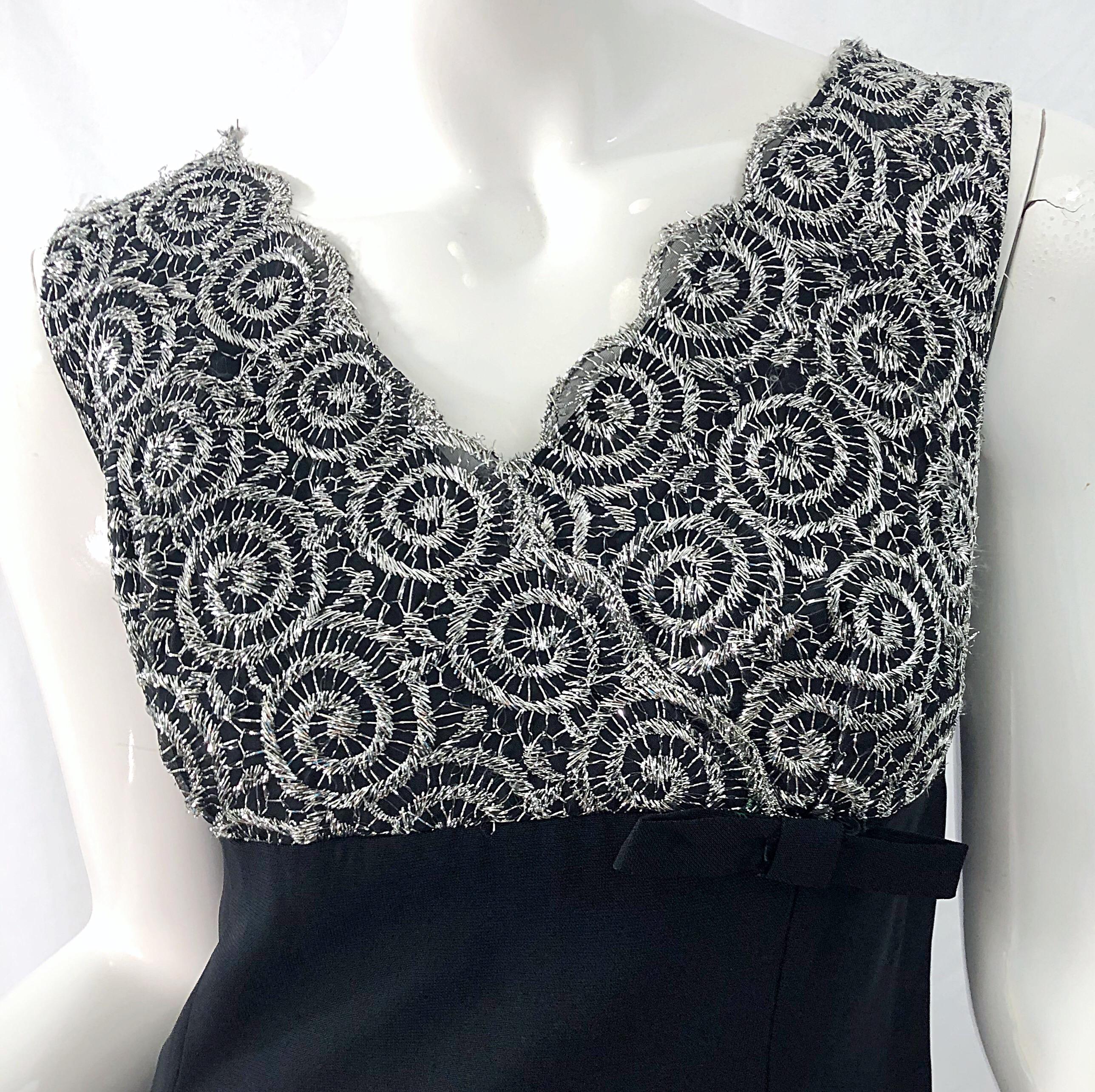 Chic 1960s Black and Silver Metallic Lace Rayon Crepe Vintage 60s Sheath Dress In Excellent Condition For Sale In San Diego, CA