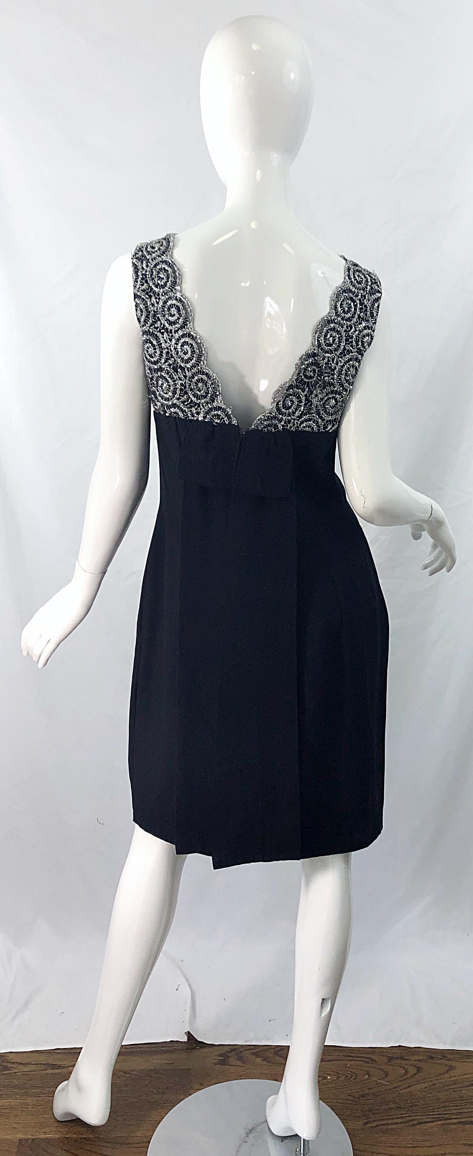 Women's Chic 1960s Black and Silver Metallic Lace Rayon Crepe Vintage 60s Sheath Dress For Sale