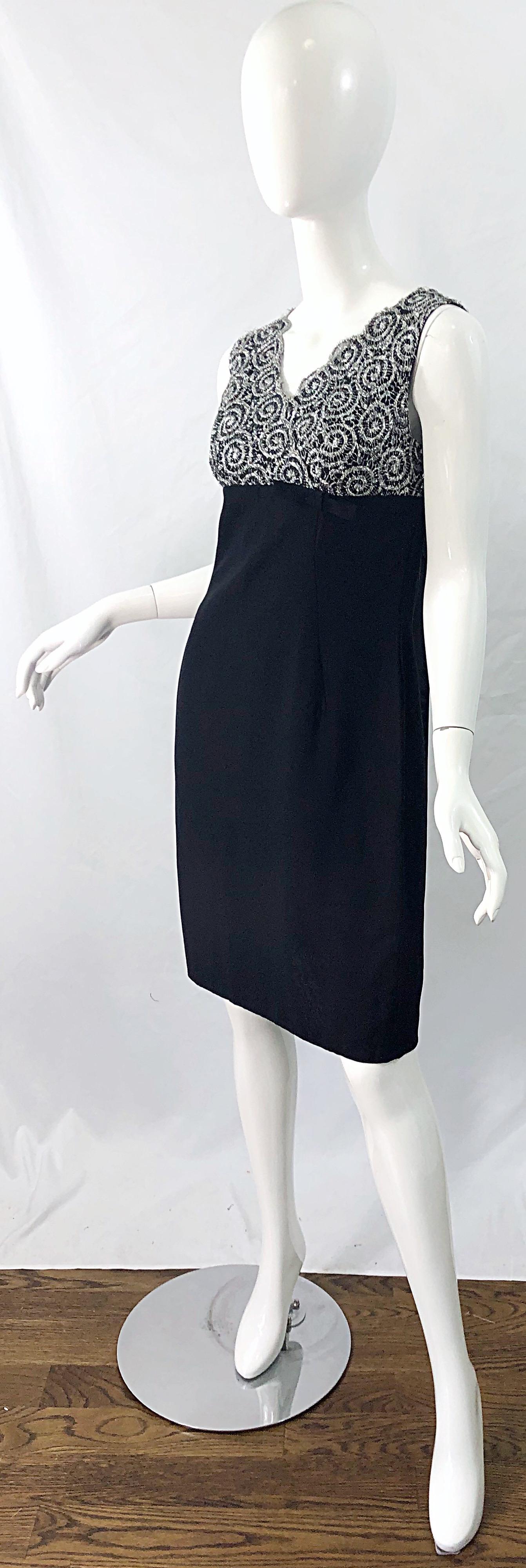 Chic 1960s Black and Silver Metallic Lace Rayon Crepe Vintage 60s Sheath Dress For Sale 2