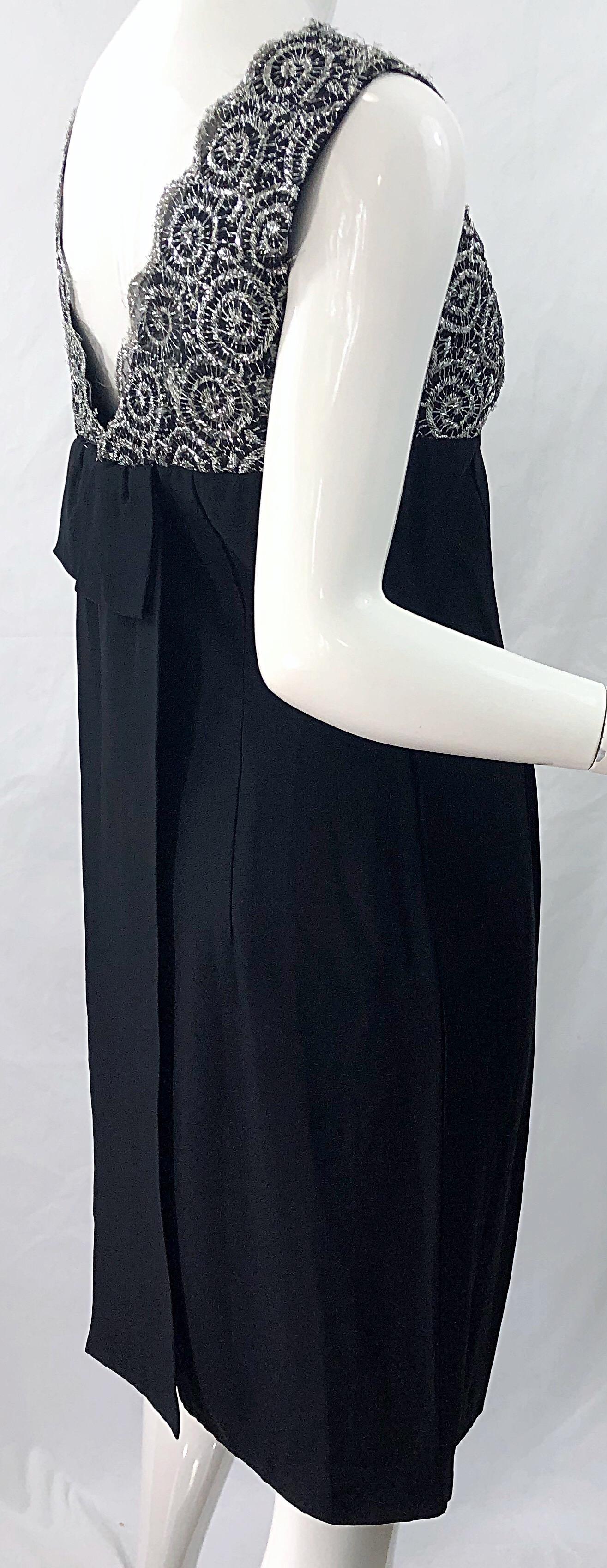 Chic 1960s Black and Silver Metallic Lace Rayon Crepe Vintage 60s Sheath Dress For Sale 3
