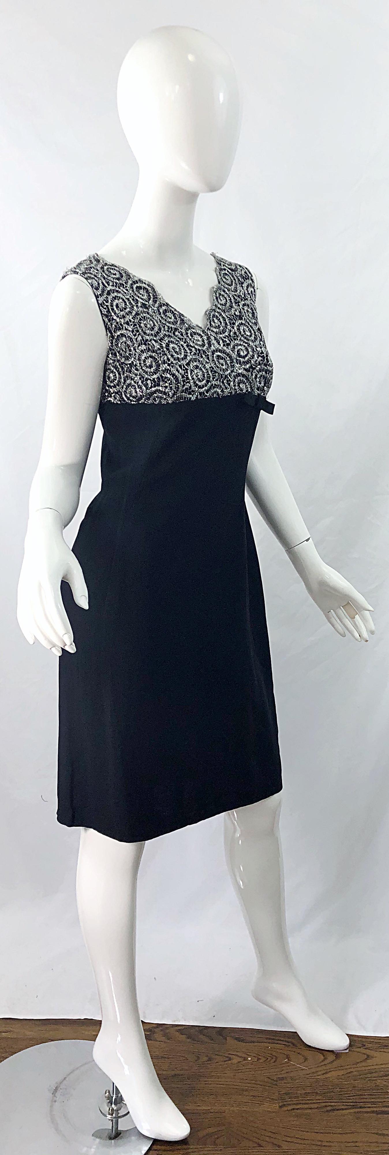 Chic 1960s Black and Silver Metallic Lace Rayon Crepe Vintage 60s Sheath Dress For Sale 4