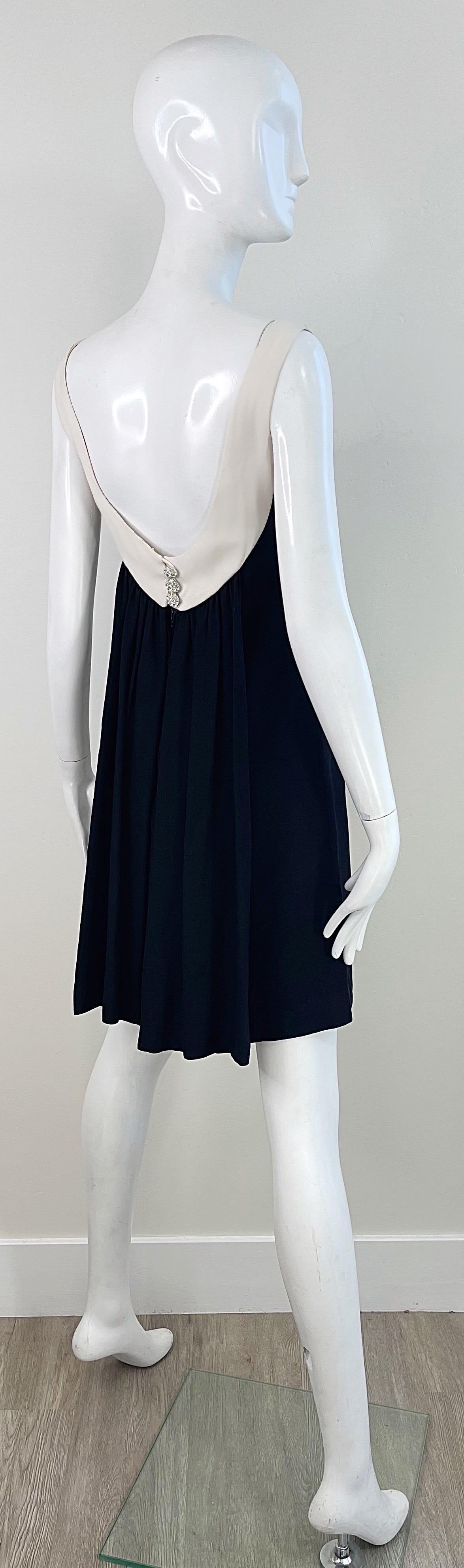Chic 1960s Black and White Silk Crepe Rhinestone A Line Vintage 60s Dress 7