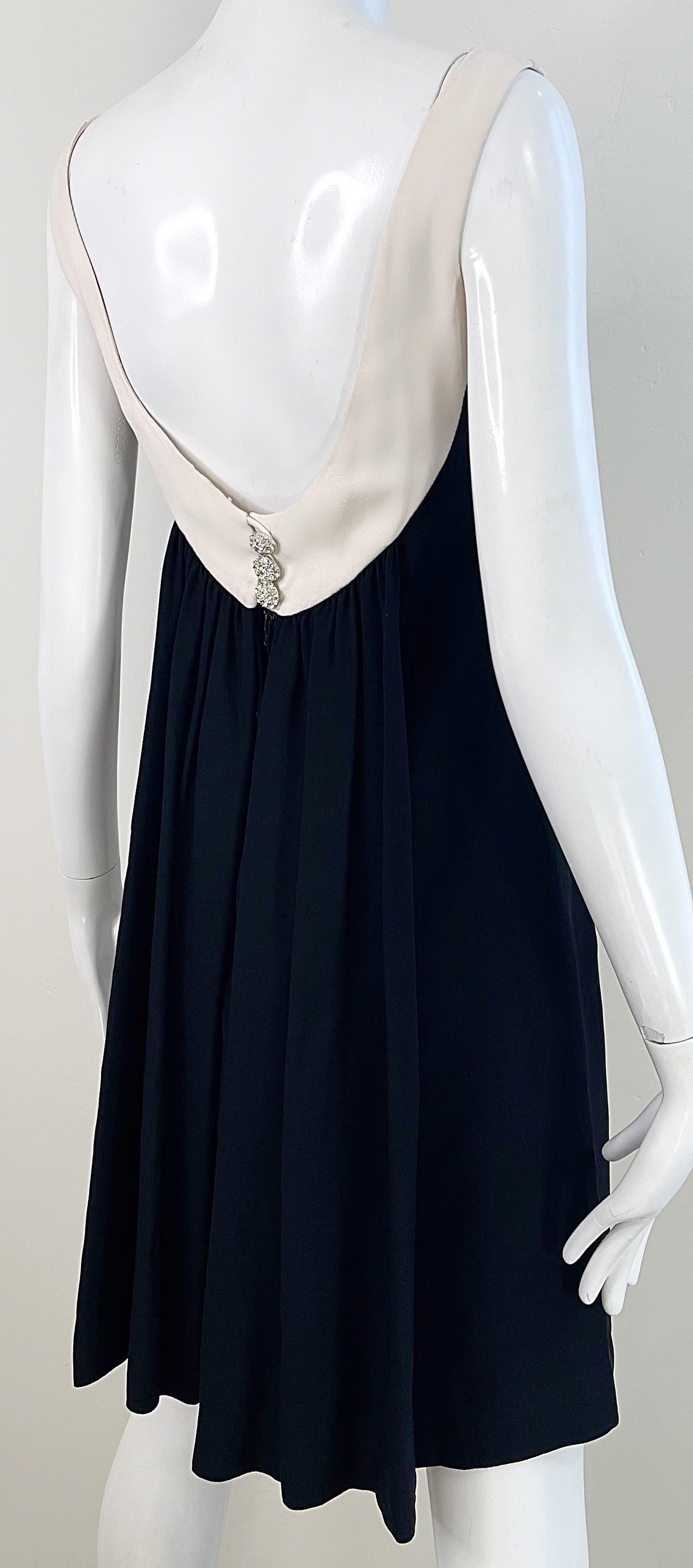 Chic 1960s Black and White Silk Crepe Rhinestone A Line Vintage 60s Dress 8