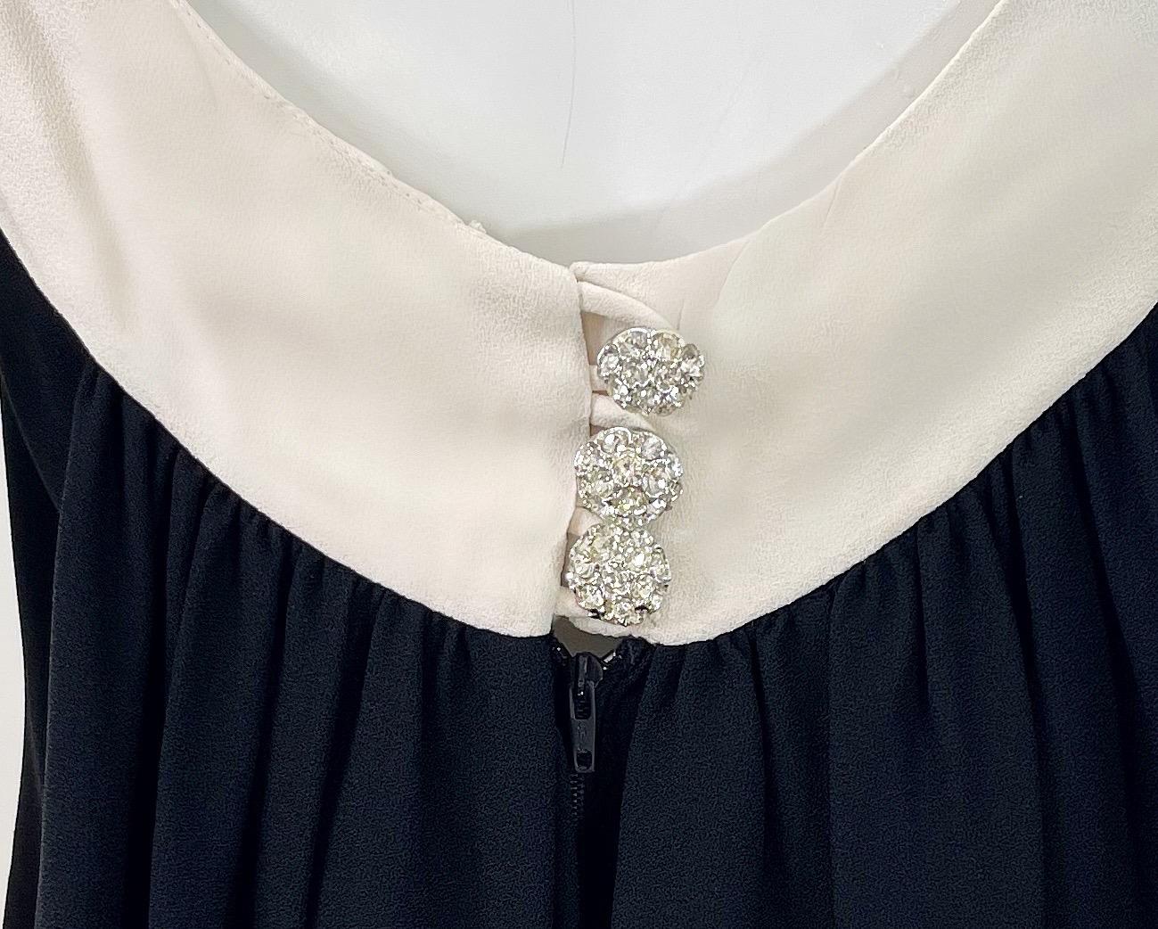 Women's Chic 1960s Black and White Silk Crepe Rhinestone A Line Vintage 60s Dress