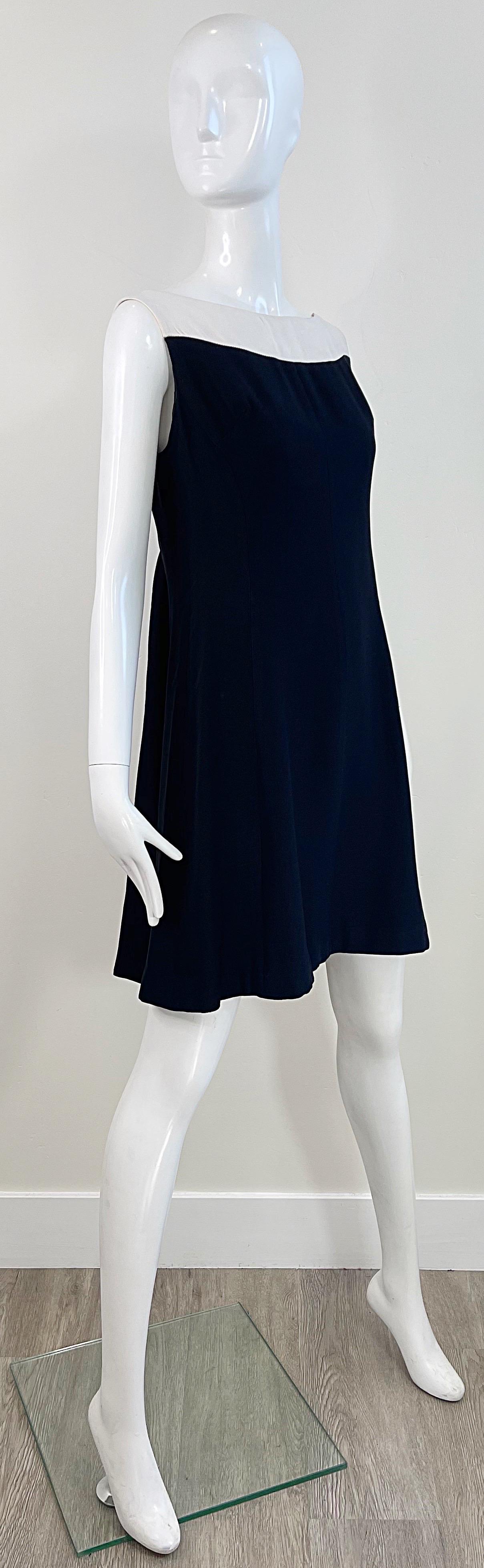 Chic 1960s Black and White Silk Crepe Rhinestone A Line Vintage 60s Dress 2
