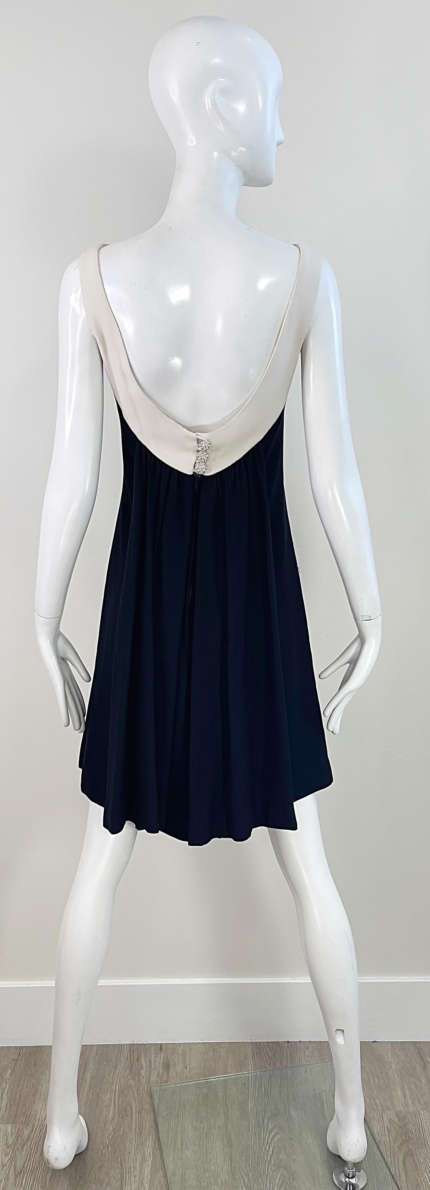 Chic 1960s Black and White Silk Crepe Rhinestone A Line Vintage 60s Dress 3