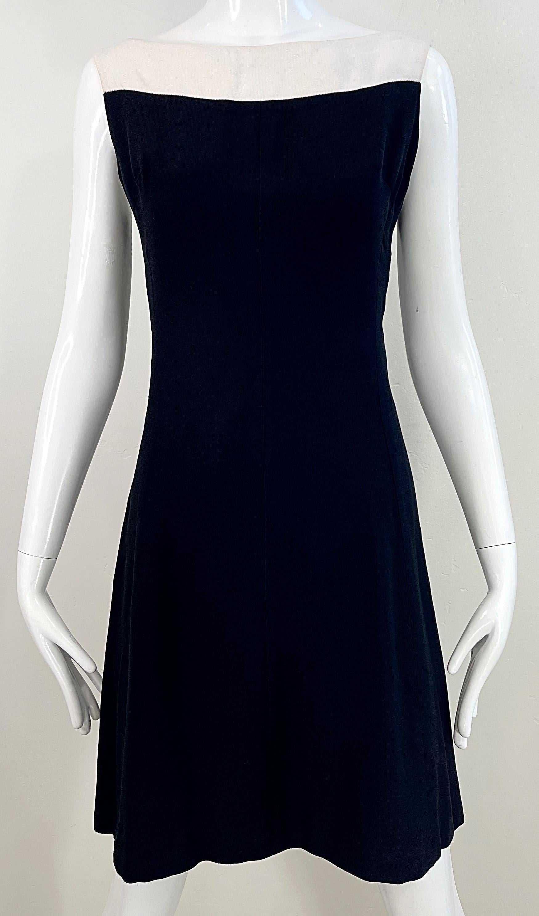Chic 1960s Black and White Silk Crepe Rhinestone A Line Vintage 60s Dress 4