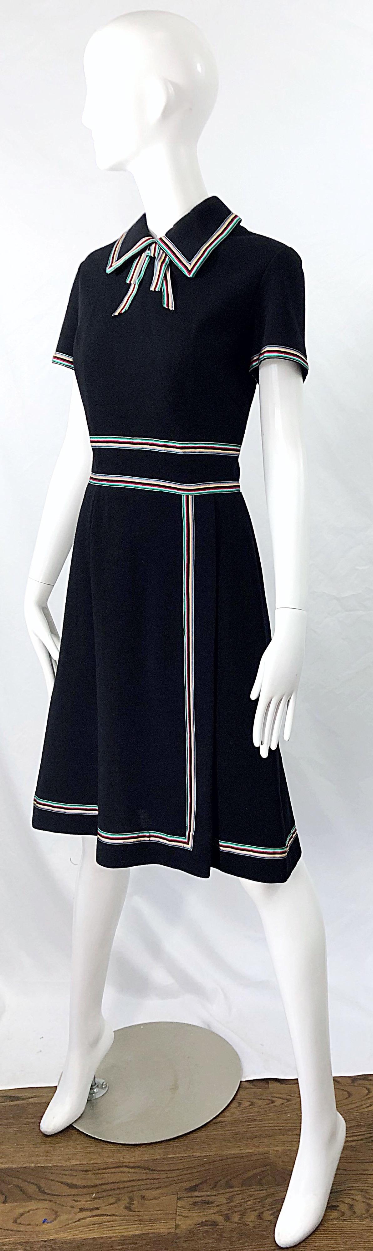 Chic. 1960s Black Knit Ribbon Bow Vintage 60s Short Sleeve A Line Dress 6