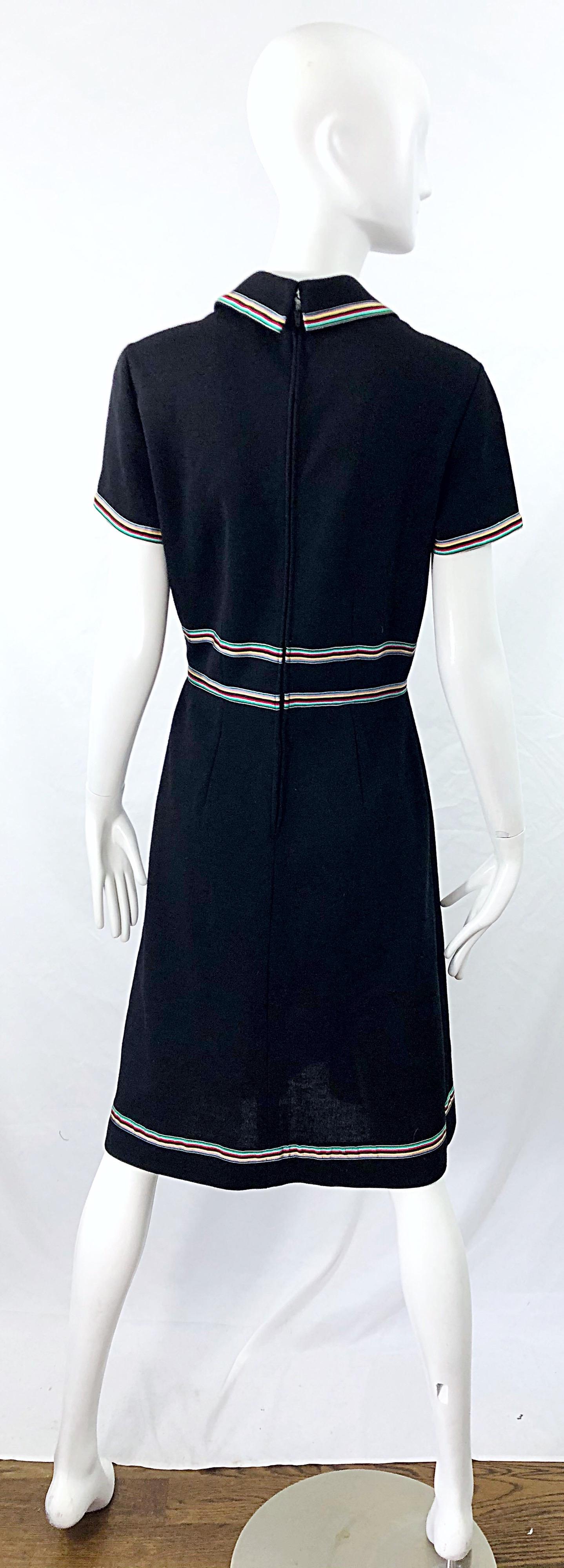 Chic. 1960s Black Knit Ribbon Bow Vintage 60s Short Sleeve A Line Dress 7