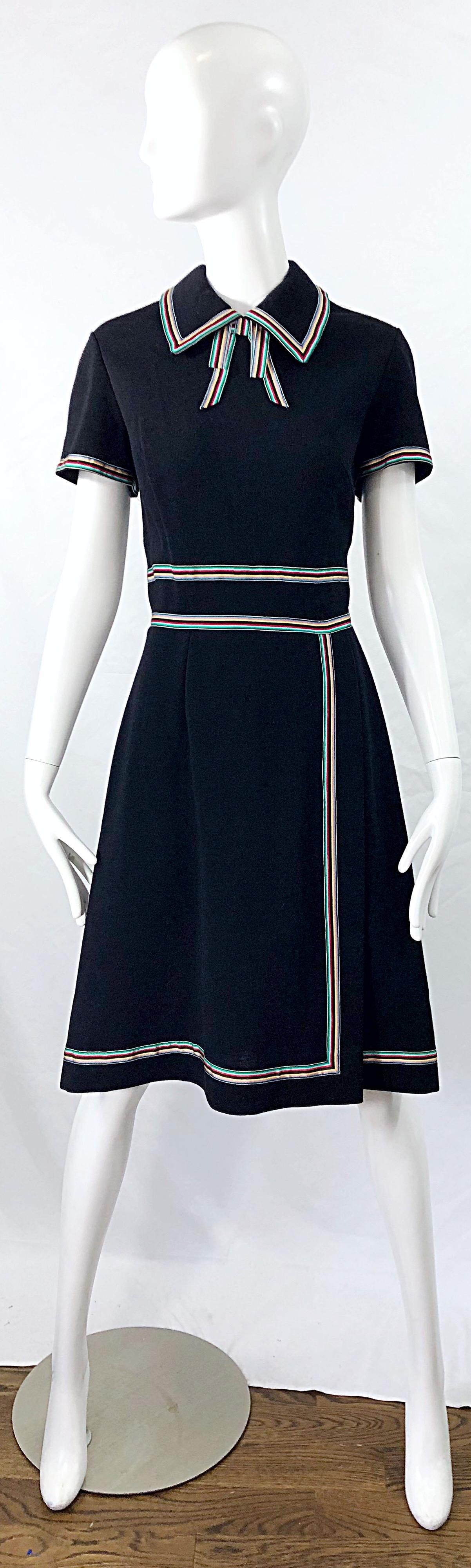 Chic. 1960s Black Knit Ribbon Bow Vintage 60s Short Sleeve A Line Dress 8