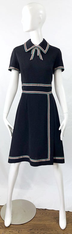 Chic. 1960s Black Knit Ribbon Bow Vintage 60s Short Sleeve A Line Dress