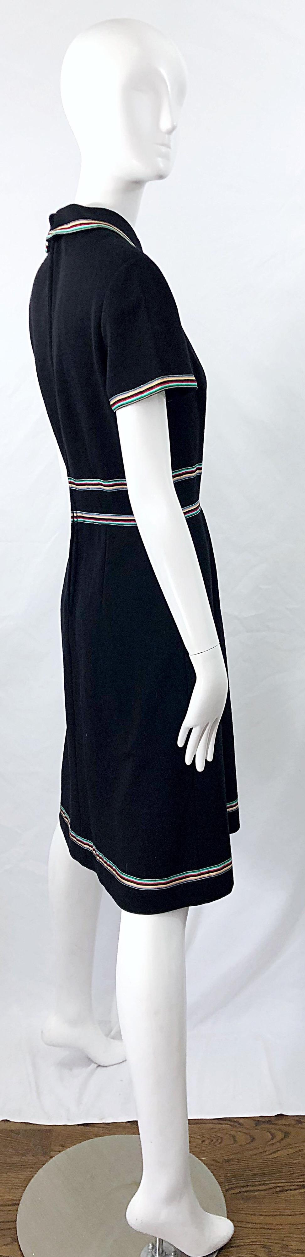 Women's Chic. 1960s Black Knit Ribbon Bow Vintage 60s Short Sleeve A Line Dress