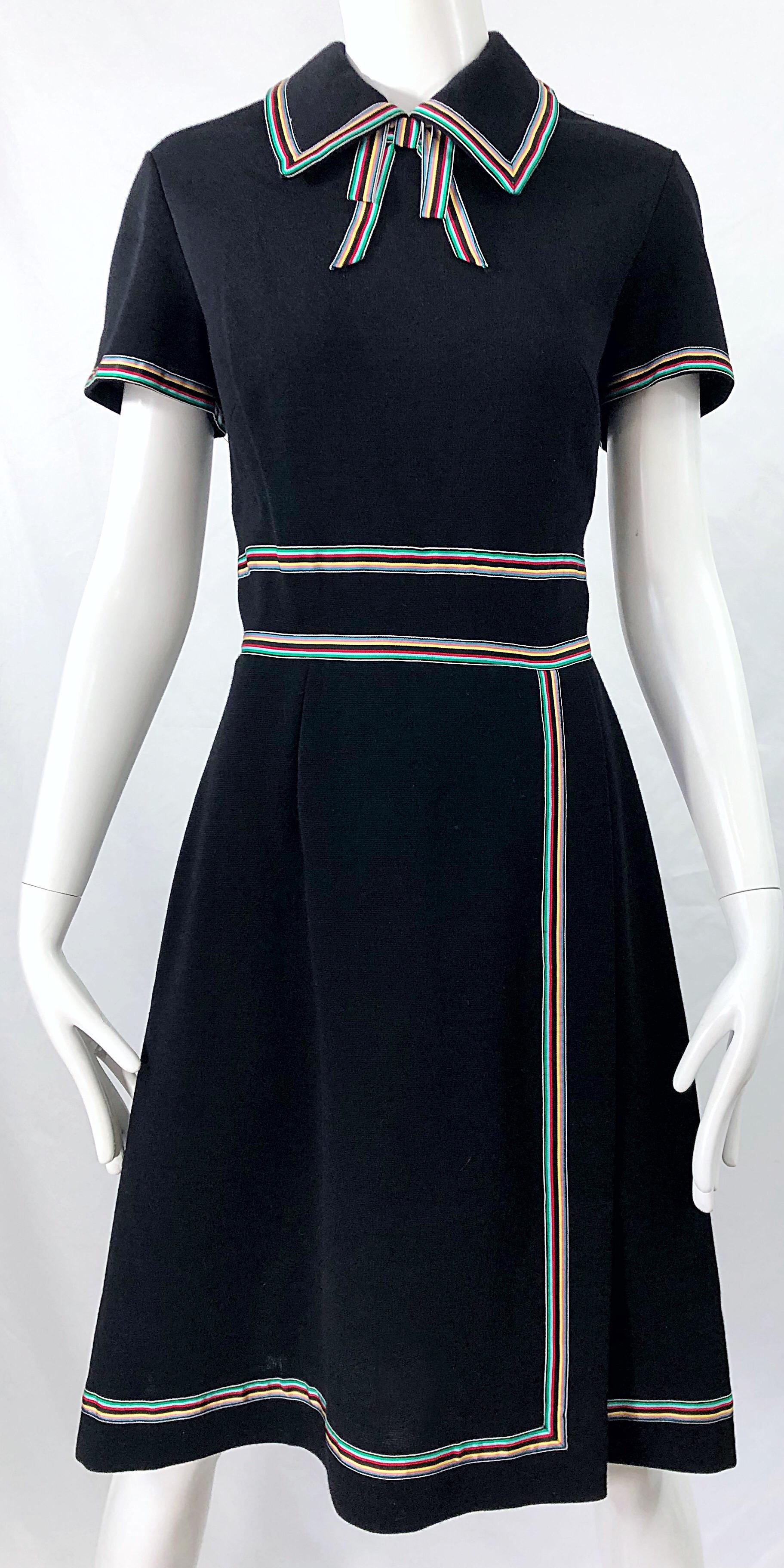 Chic. 1960s Black Knit Ribbon Bow Vintage 60s Short Sleeve A Line Dress 1