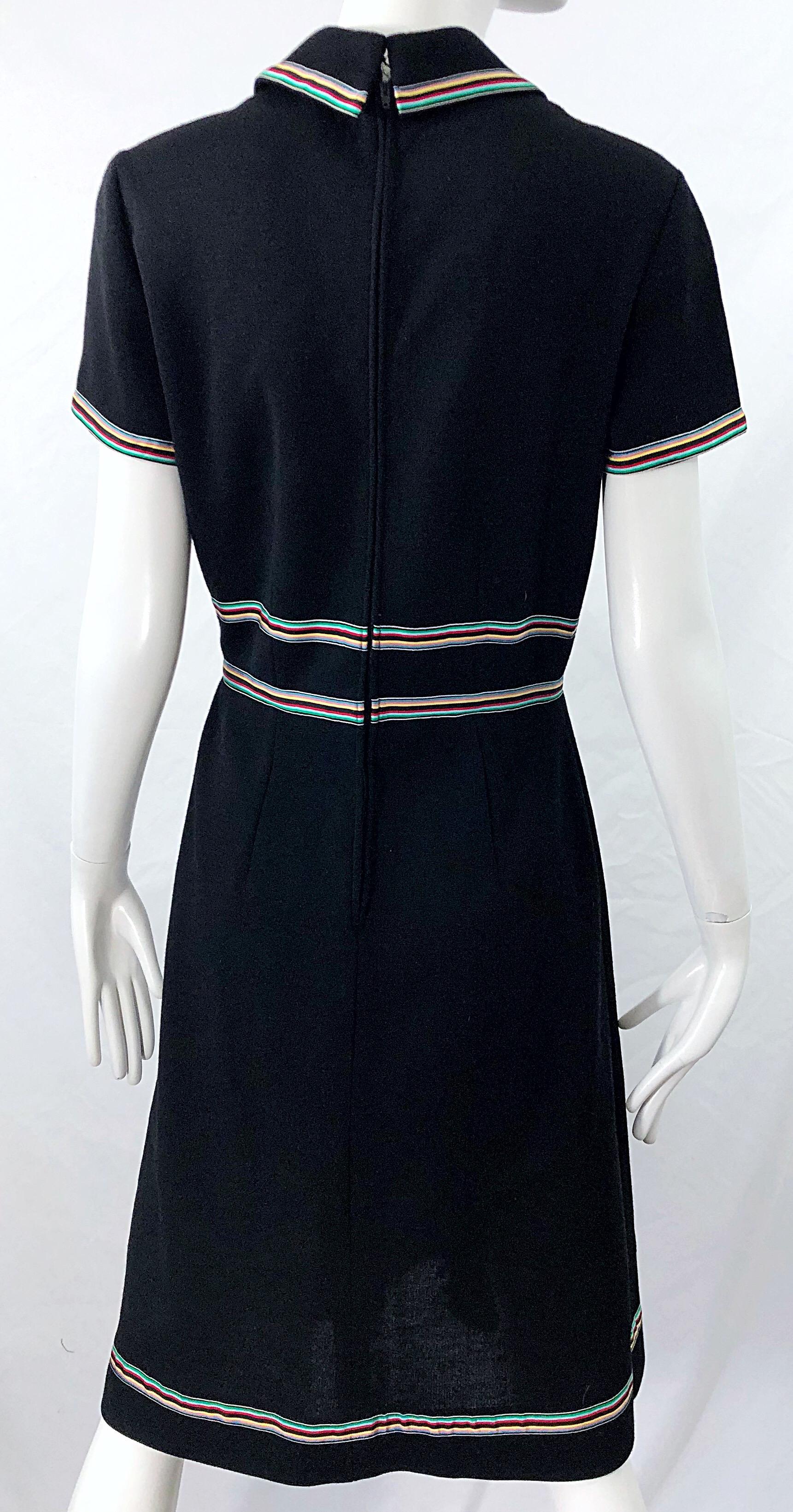Chic. 1960s Black Knit Ribbon Bow Vintage 60s Short Sleeve A Line Dress 3