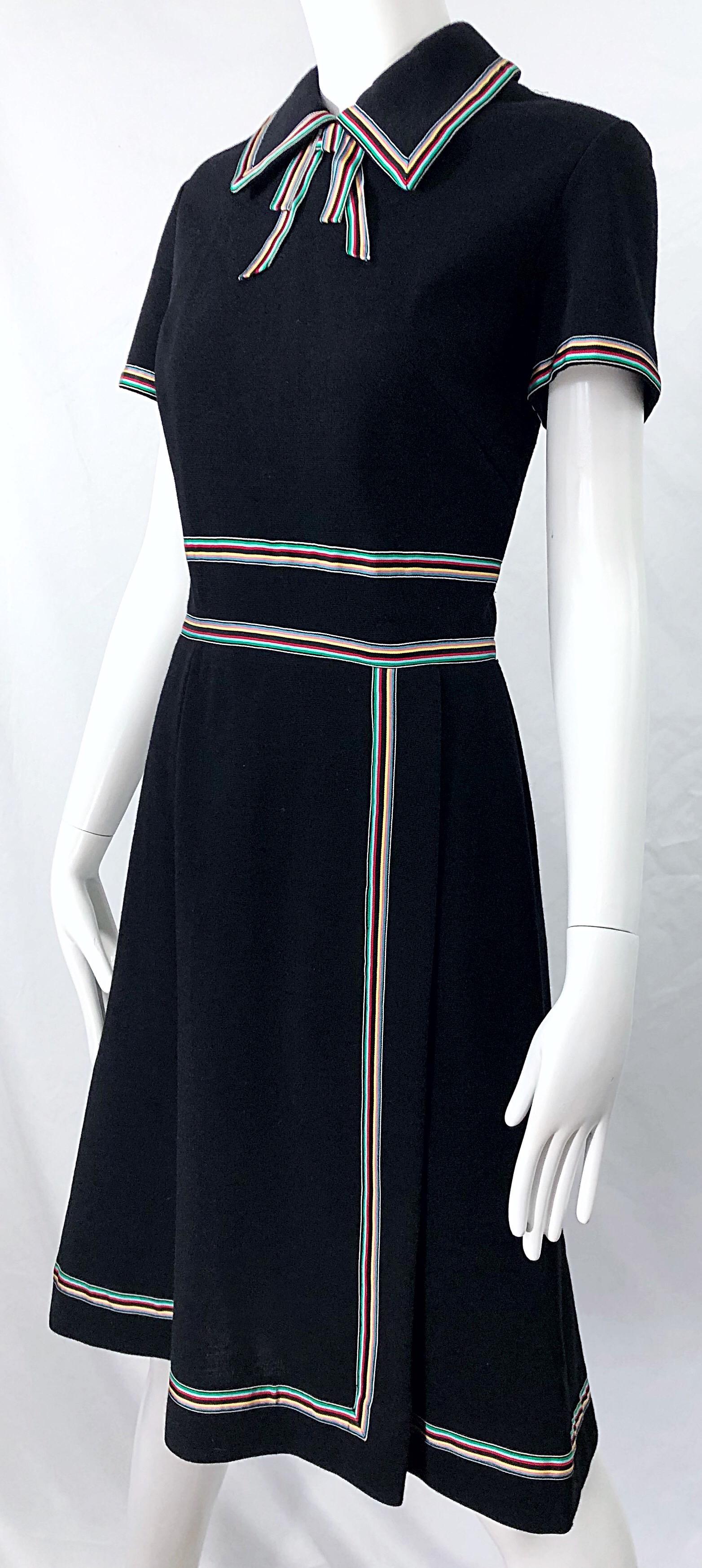 Chic. 1960s Black Knit Ribbon Bow Vintage 60s Short Sleeve A Line Dress 4