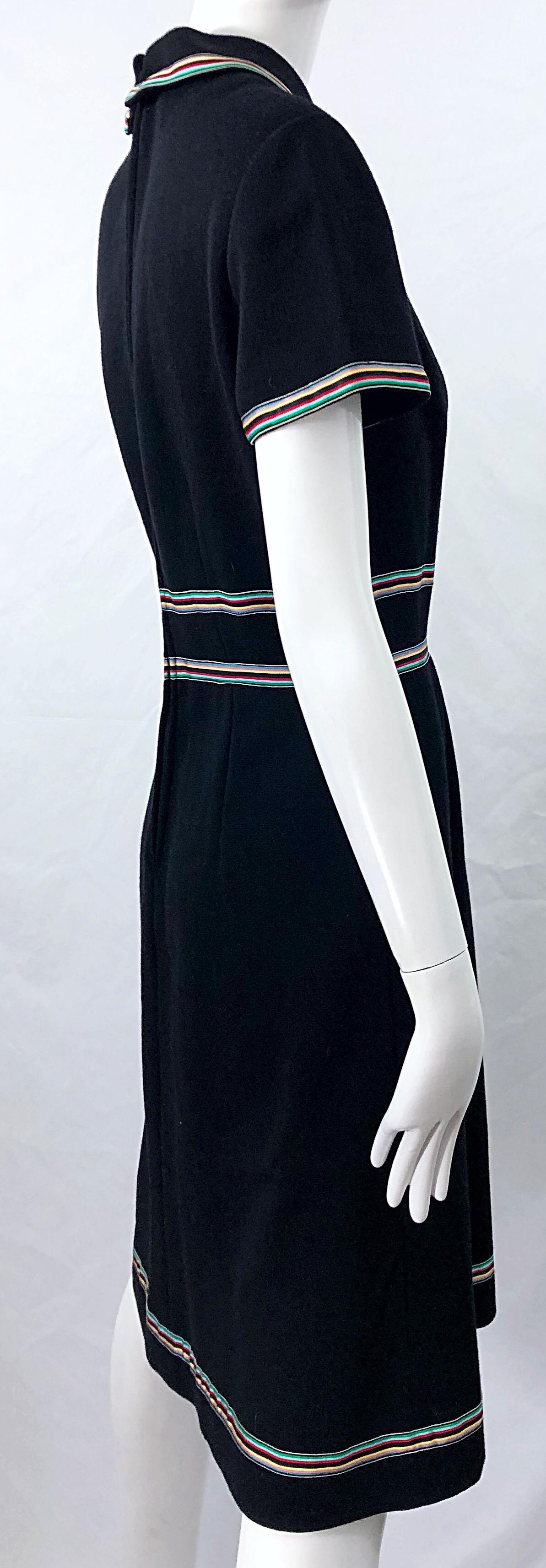 Chic. 1960s Black Knit Ribbon Bow Vintage 60s Short Sleeve A Line Dress 5