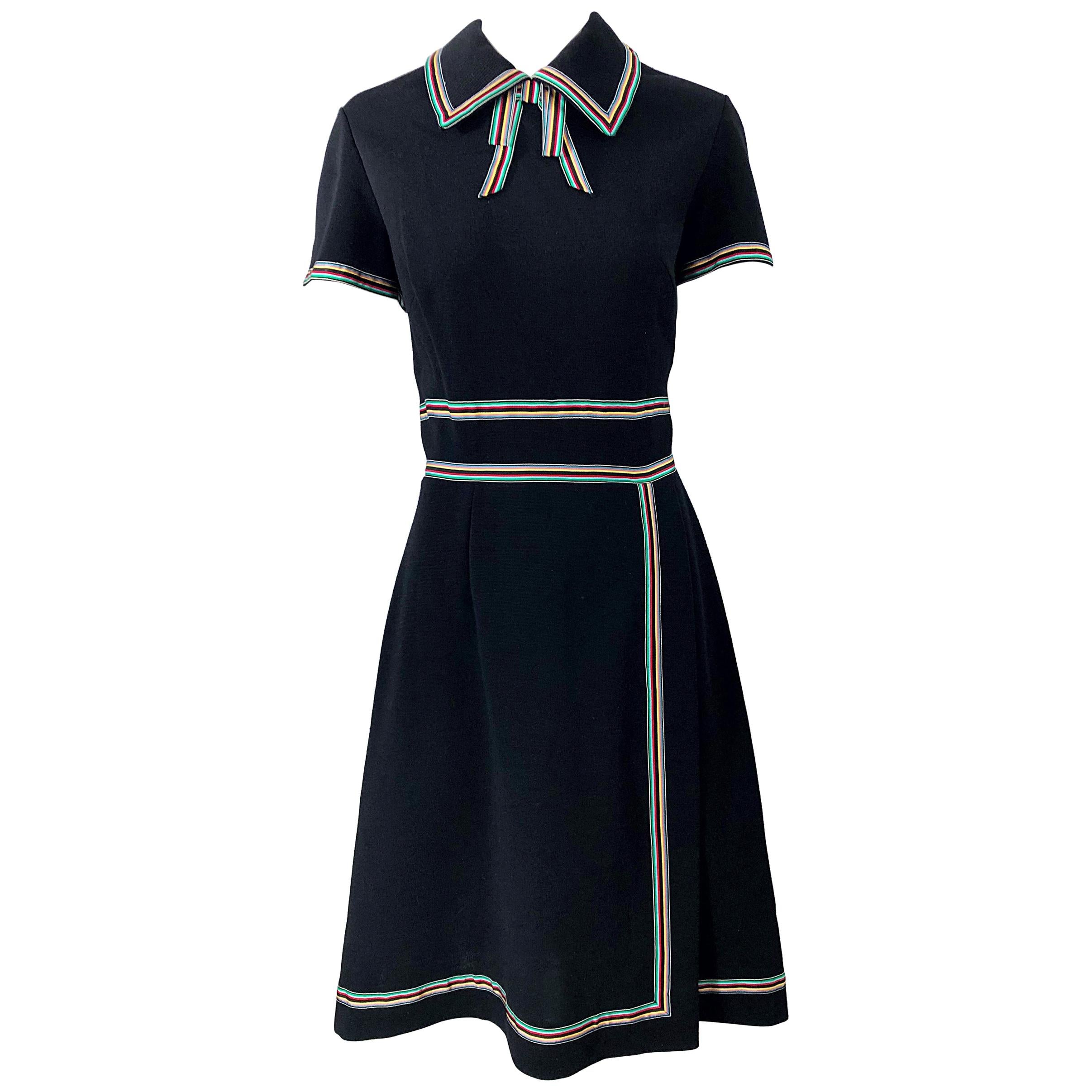 Chic. 1960s Black Knit Ribbon Bow Vintage 60s Short Sleeve A Line Dress