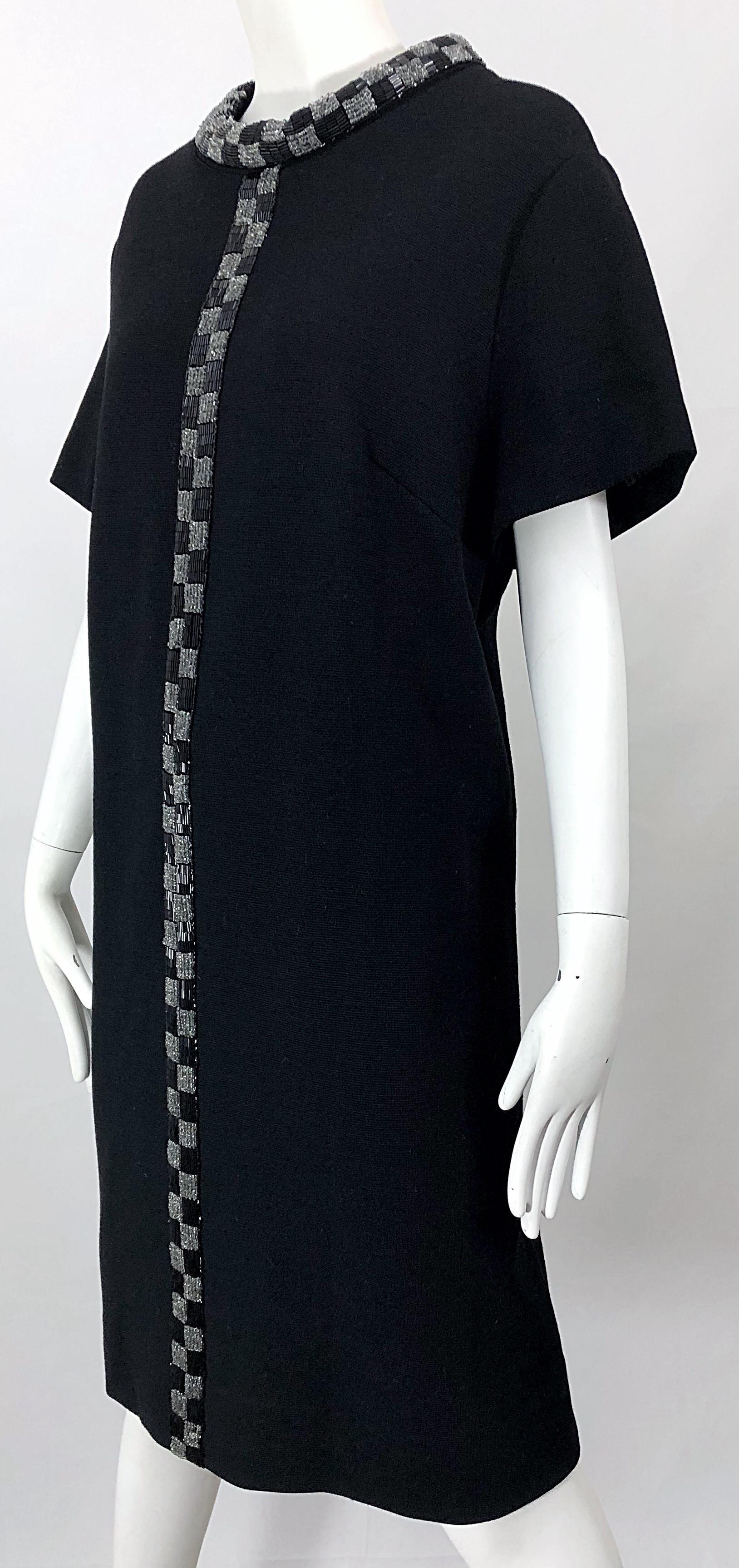 Chic 1960s Black Large Plus Size Beaded Vintage 60s Wool Shift Dress For Sale 4