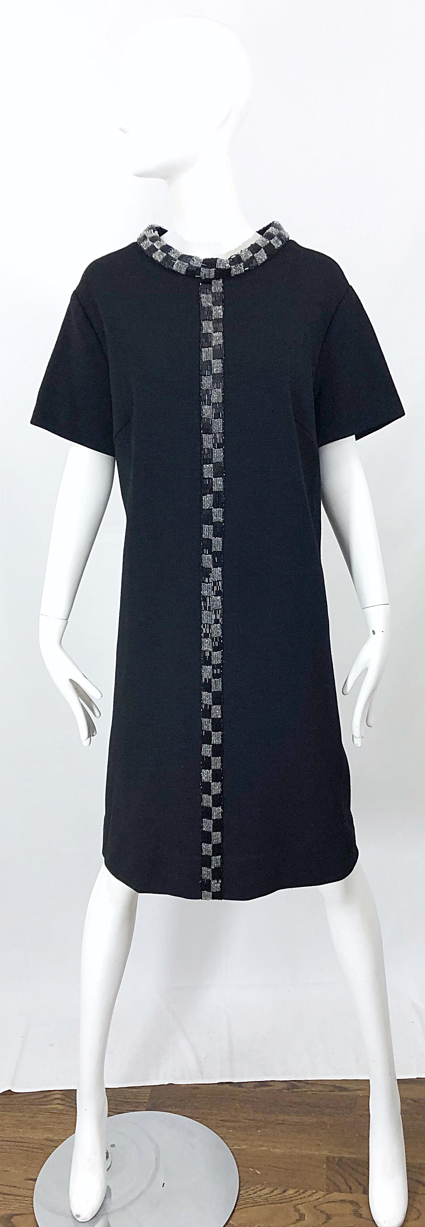 Chic 1960s Black Large Plus Size Beaded Vintage 60s Wool Shift Dress For Sale 6