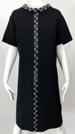 Chic 1960s Black Large Plus Size Beaded Vintage 60s Wool Shift Dress