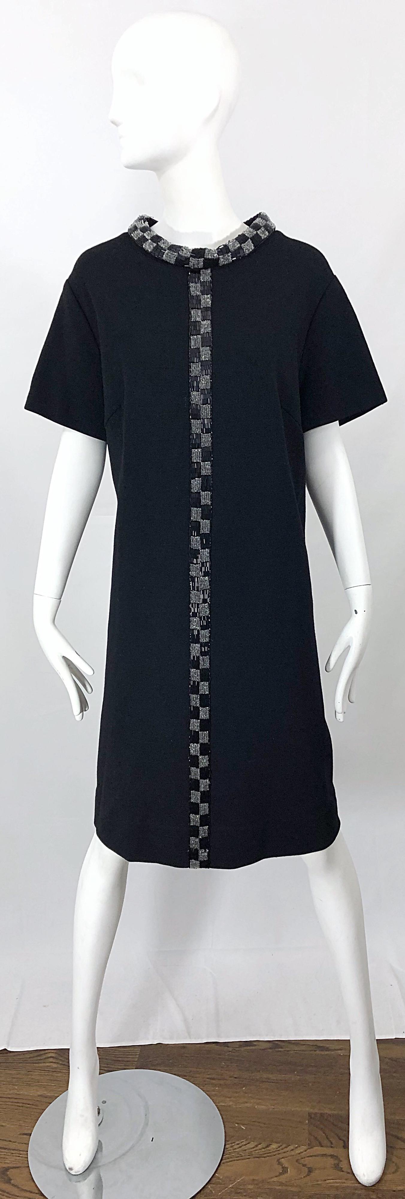 Chic 1960s Black Large Plus Size Beaded Vintage 60s Wool Shift Dress For Sale 1