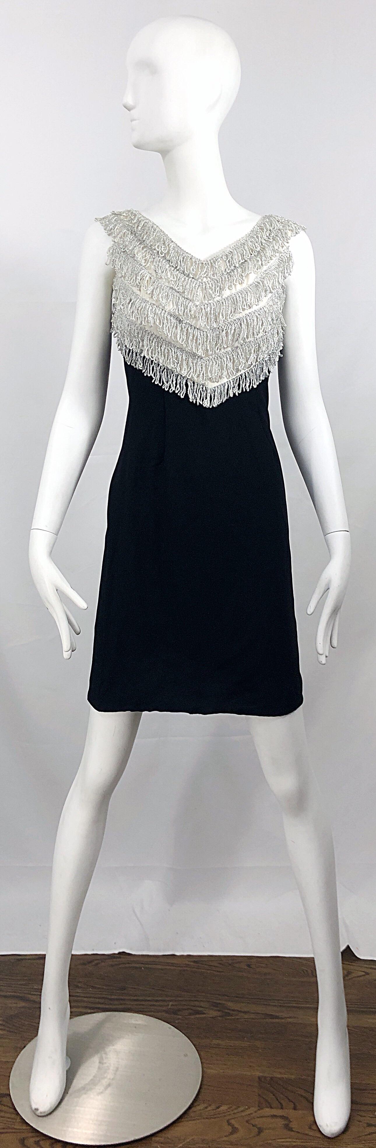 Chic 1960s Black + Silver Metallic Tassel Fringe Bodice Vintage 60s Shift Dress 6