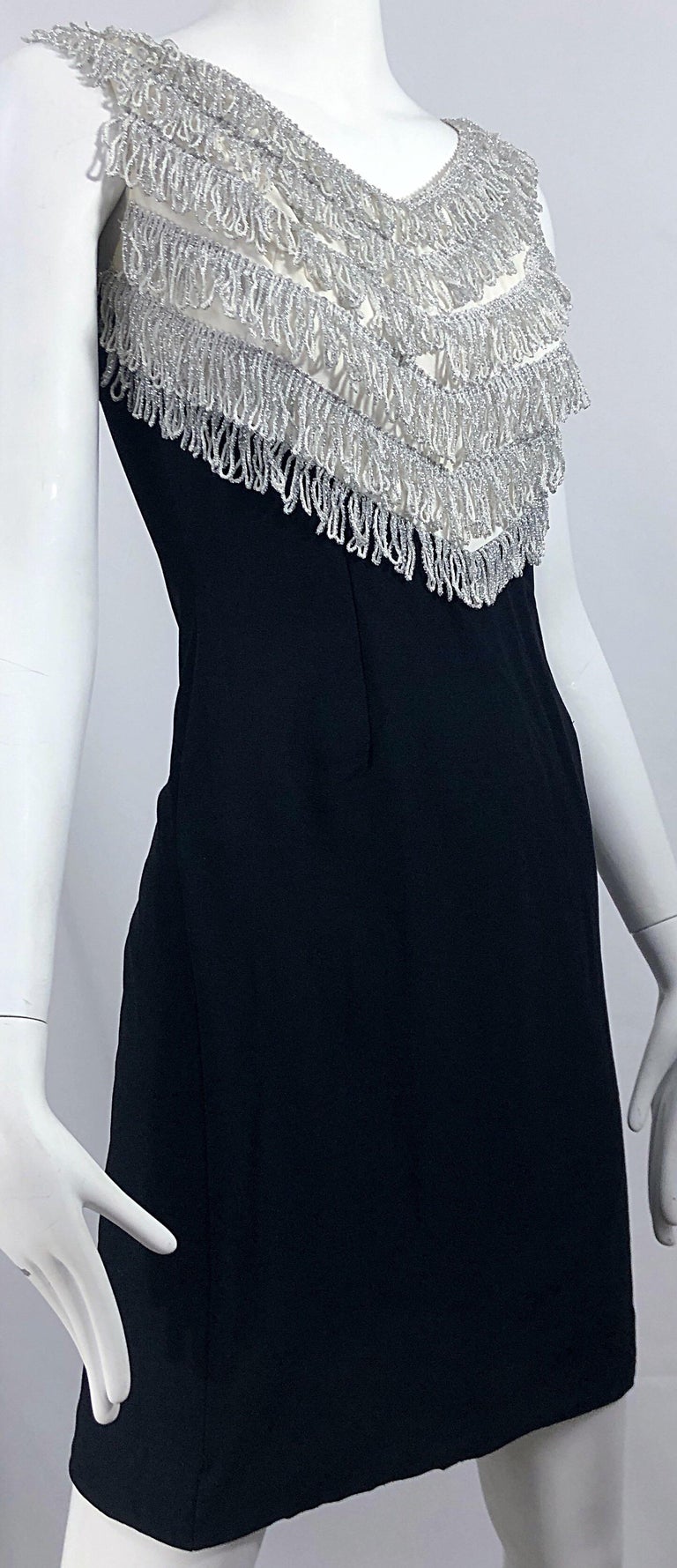 Chic 1960s Black + Silver Metallic Tassel Fringe Bodice Vintage 60s